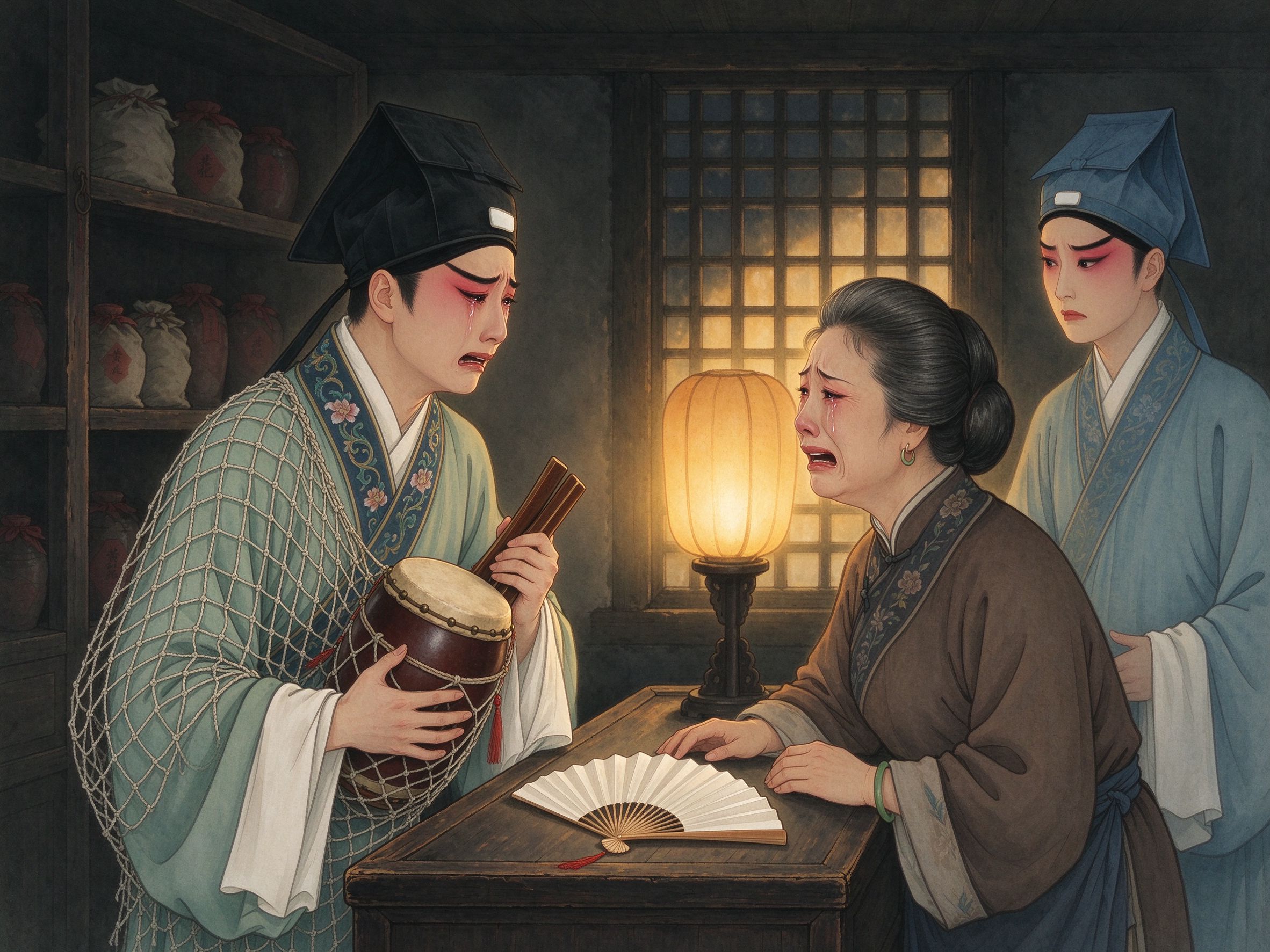 黄梅戏《白扇记》古旧当铺内，年轻小生渔网怀抱渔鼓简板，与中年妇人黄氏隔柜台相对而泣，柜台上放着一把素白折扇