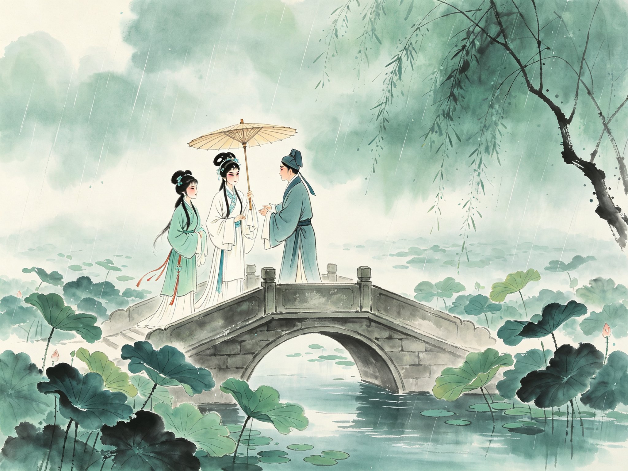 黄梅戏《白蛇传》烟雨断桥之上，白衣旦角白素贞手持油纸伞，青衣小青随行，小生许仙侧身相迎，桥下湖面荷叶田田