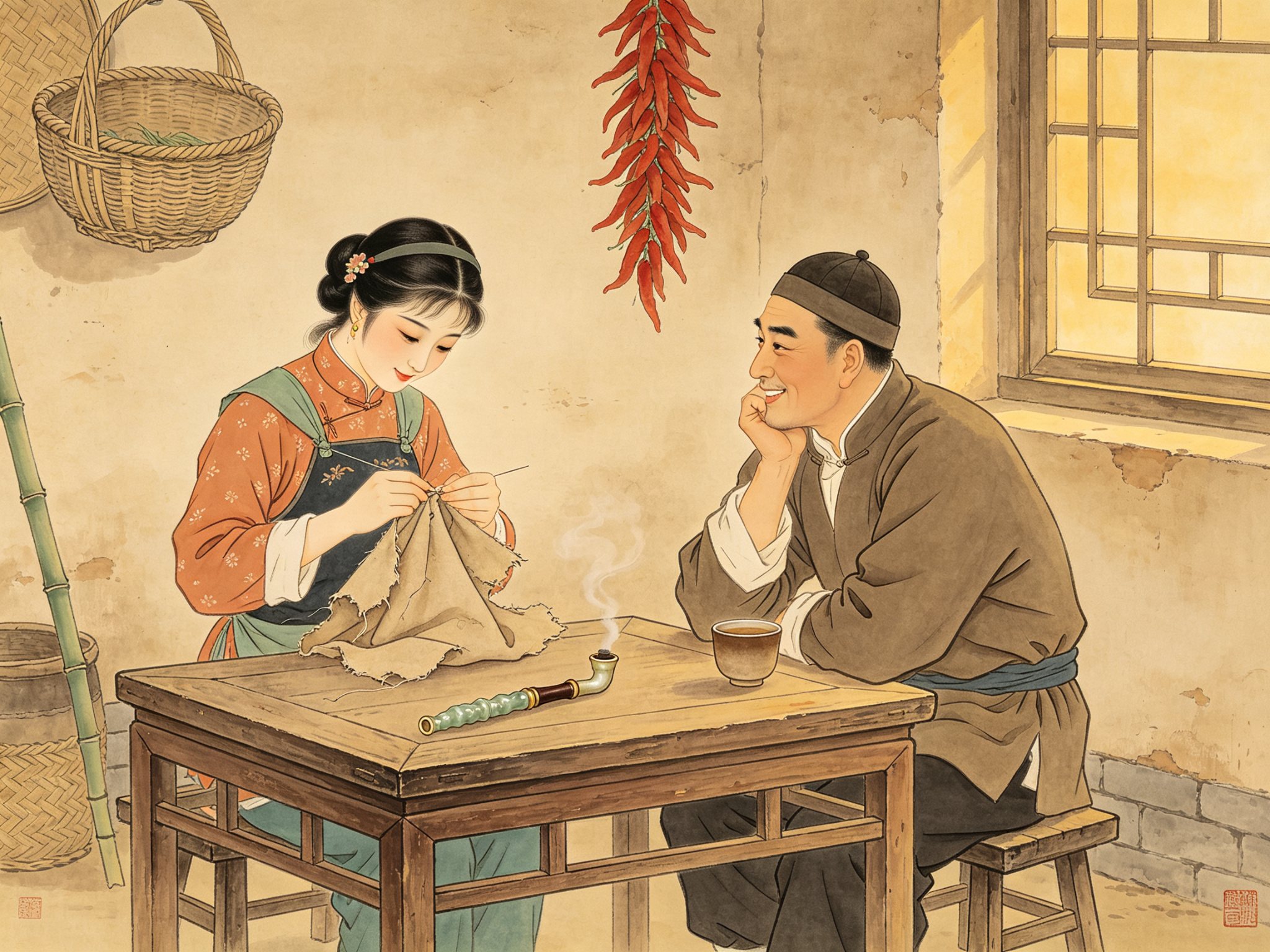 黄梅戏《补背褡》农家堂屋内，年轻干妹低头为干哥缝补破背褡，木桌上摆着一支精致玉石烟袋与粗瓷茶碗，土墙挂着竹篮红辣椒