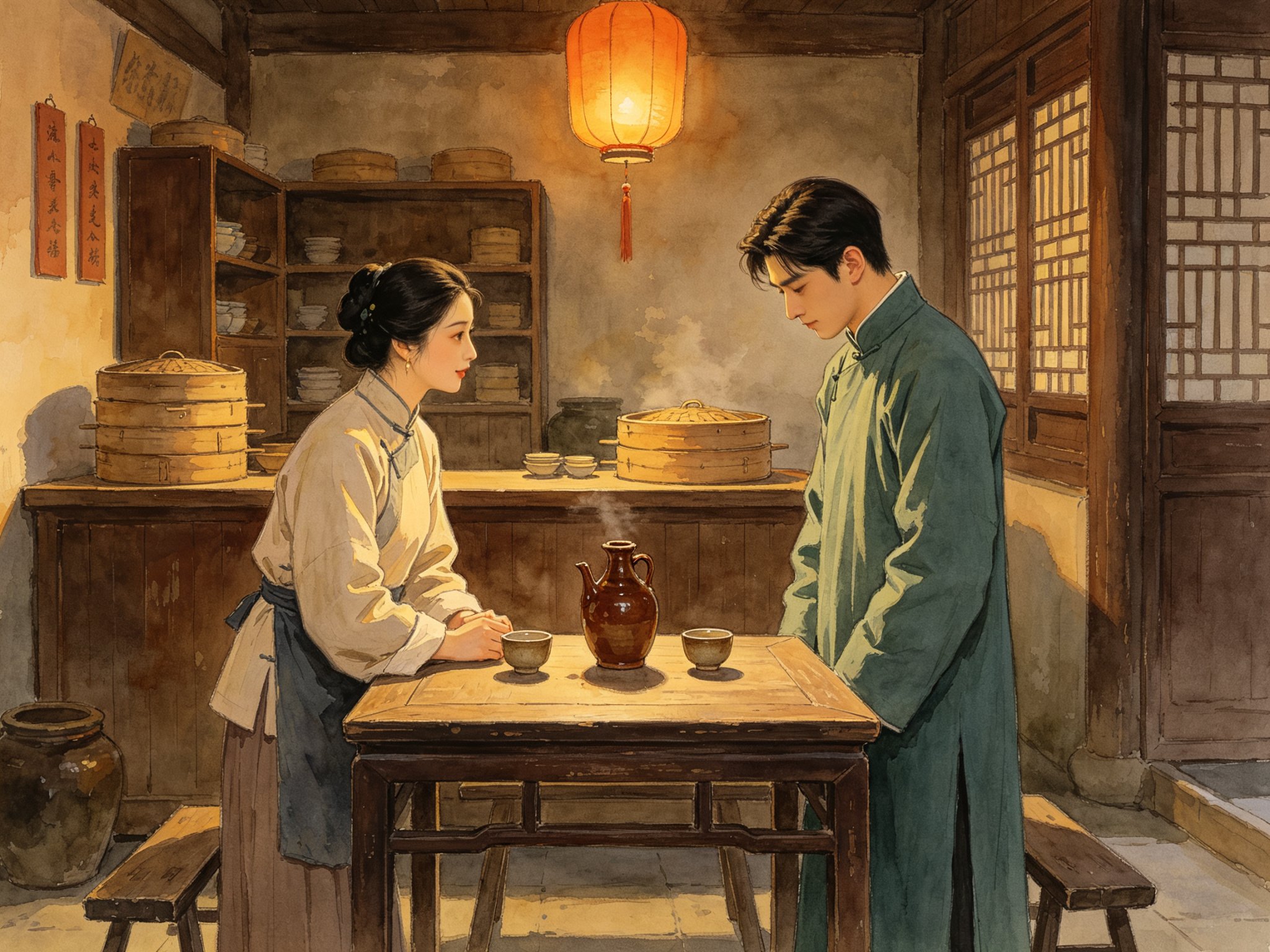 黄梅戏《蔡鸣凤辞店》客栈内堂，年轻商人蔡鸣凤与卖饭女柳凤英在木桌旁相对而坐，桌上摆着一壶温热的酒和两只粗陶酒杯，油灯暖光洒落