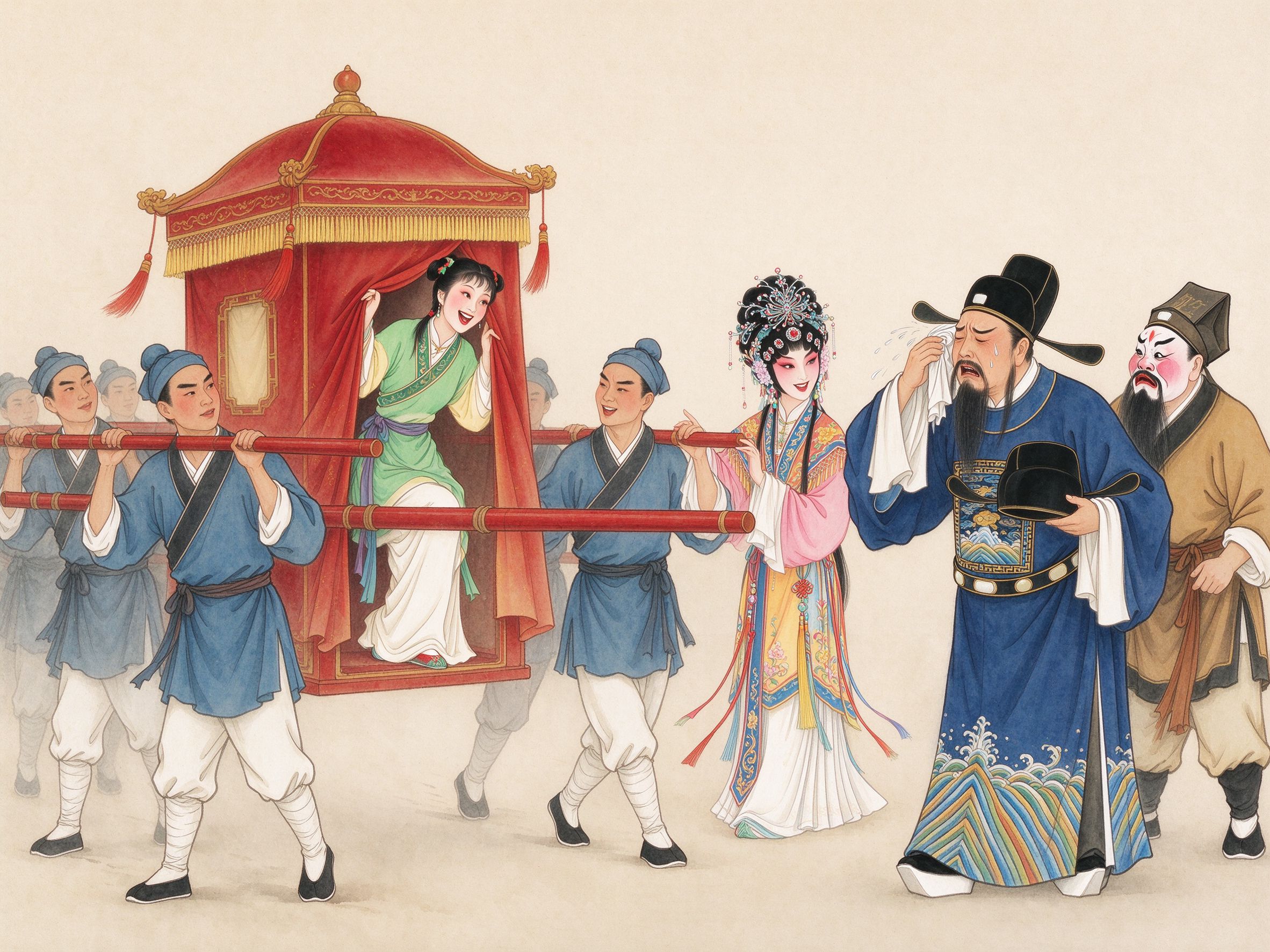 黄梅戏《春草闯堂》丫环春草掀开轿帘倚坐红呢花轿探头而笑，轿夫抬轿、胡知府在旁捧帽擦汗的诙谐瞬间