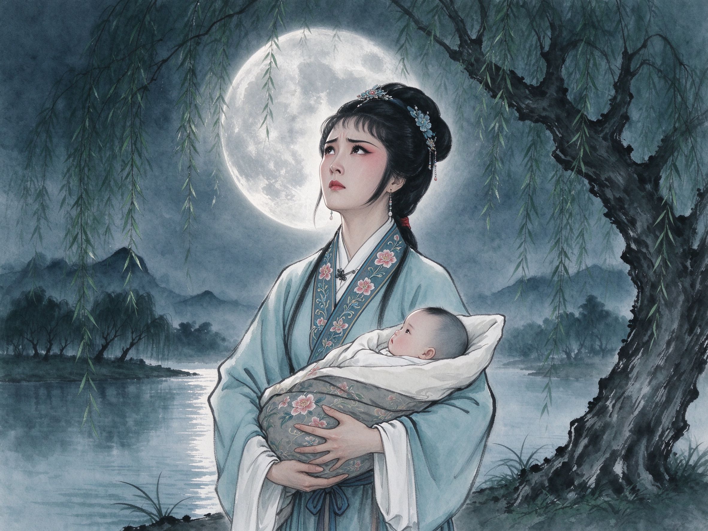 黄梅戏《春江月》柳明月怀抱襁褓婴儿独立富春江畔古柳下望月