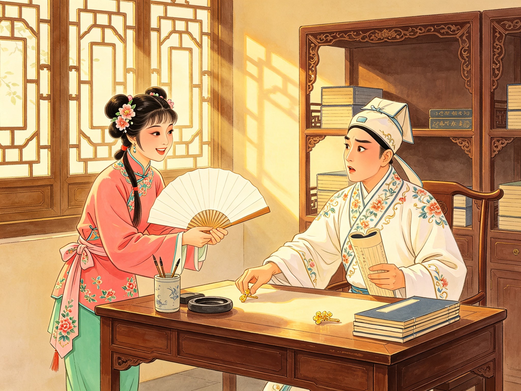 黄梅戏《春香闹学》古色书房内，机灵小花旦春香双手捧空白折扇递向对面，小生王金荣伸手去拿案上一枚金光闪闪的金钗，桌上摆着砚台笔筒与线装书