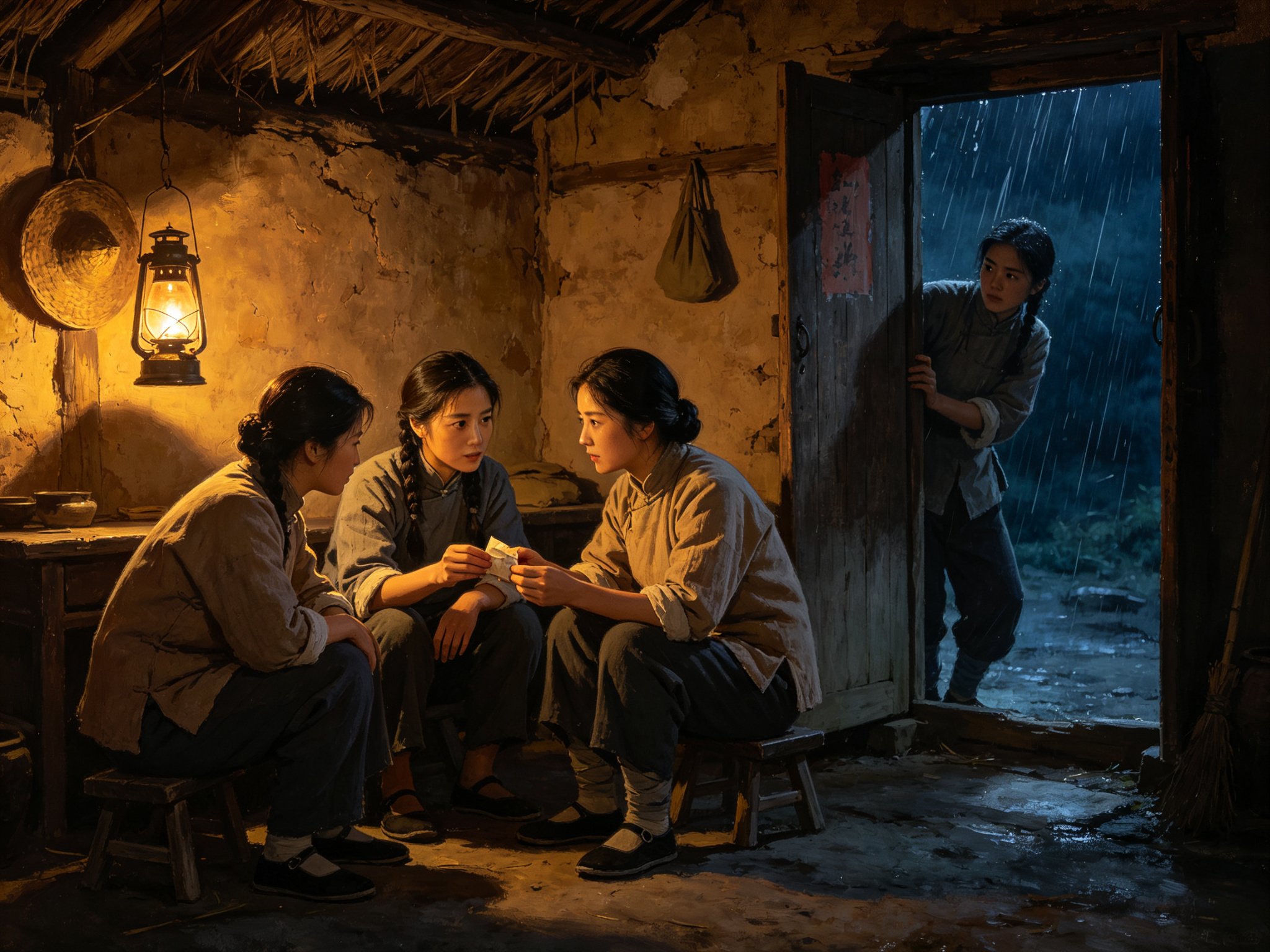 黄梅戏《党的女儿》山村破旧茅屋里，一盏油灯昏黄，三位身着粗布衣的年轻女党员围坐一起秘密商议，其中一位正把小纸包递给同伴，另一位在门边望风