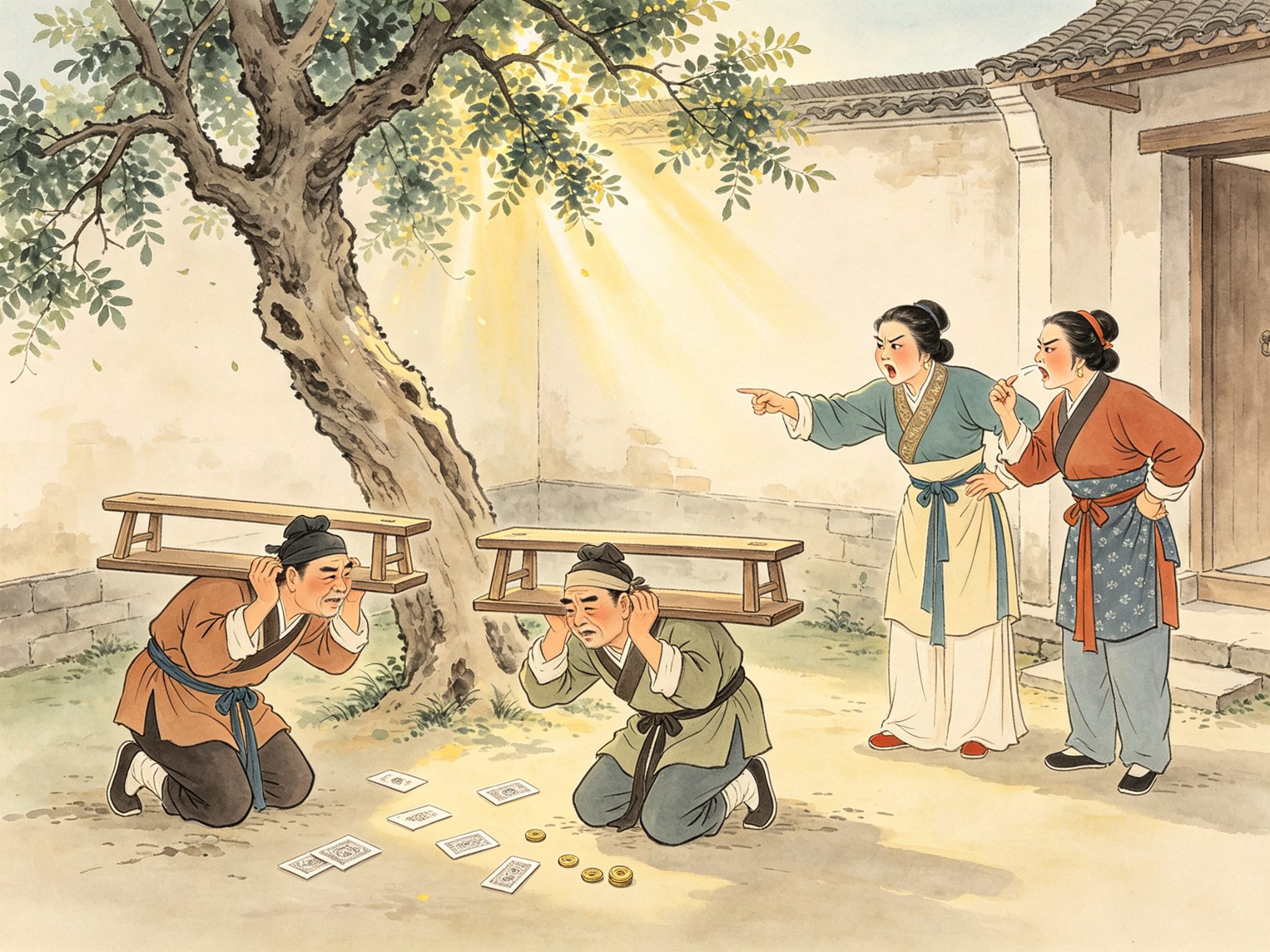 黄梅戏《打纸牌》农家小院里，两个汉子弯腰驮着长条板凳跪在地上，旁边两个叉腰怒目的农妇正在训斥，地上散落素面纸牌与铜钱