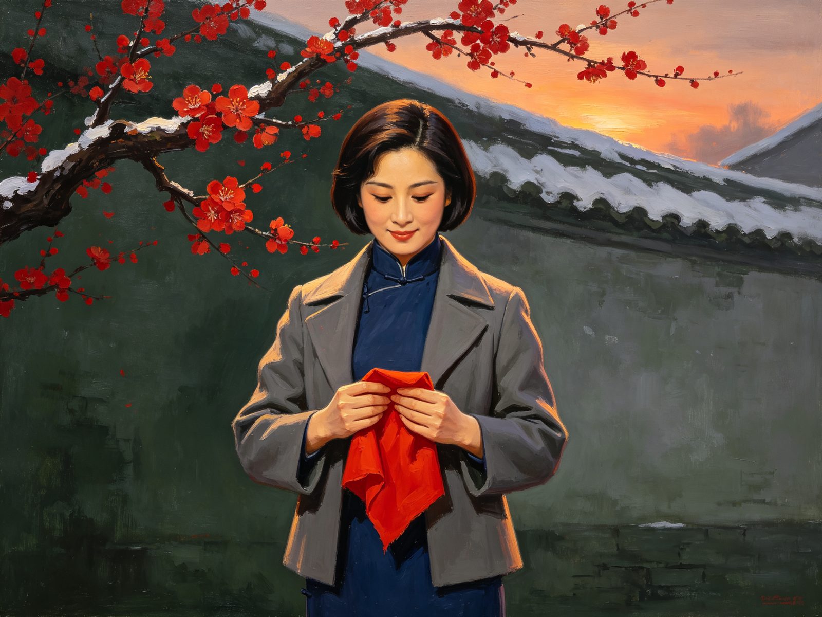 黄梅戏《江姐》舞台情境，身着深蓝色旗袍、外罩灰色短大衣的江姐双手捧着鲜红红旗低头凝视，神情温柔而坚定，背景是横斜的红梅枝与覆雪灰墙
