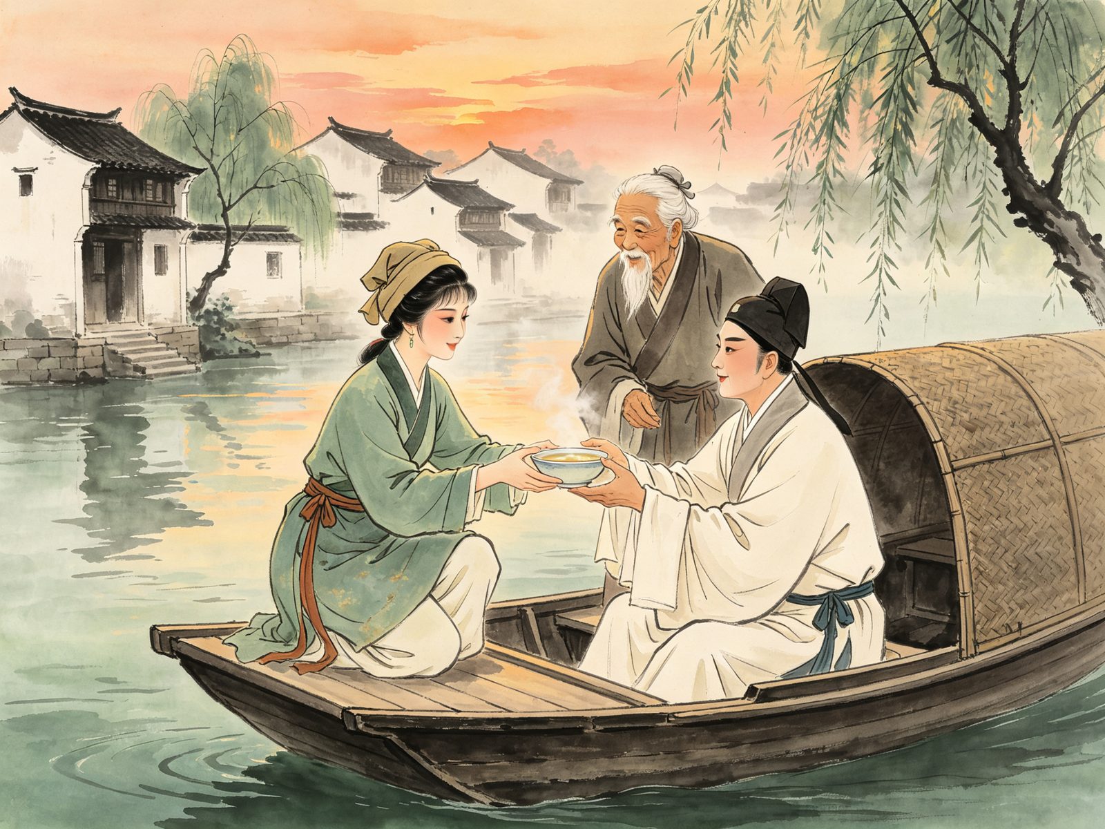 黄梅戏《金玉奴》舞台情境，身着青布襦裙、头包素巾的金玉奴蹲在河畔小船上，双手将衣食递给船舱里落魄的白衣书生莫稽，白发老丐头金松慈祥立于一旁，背景是江南白墙黑瓦与橘粉晚霞