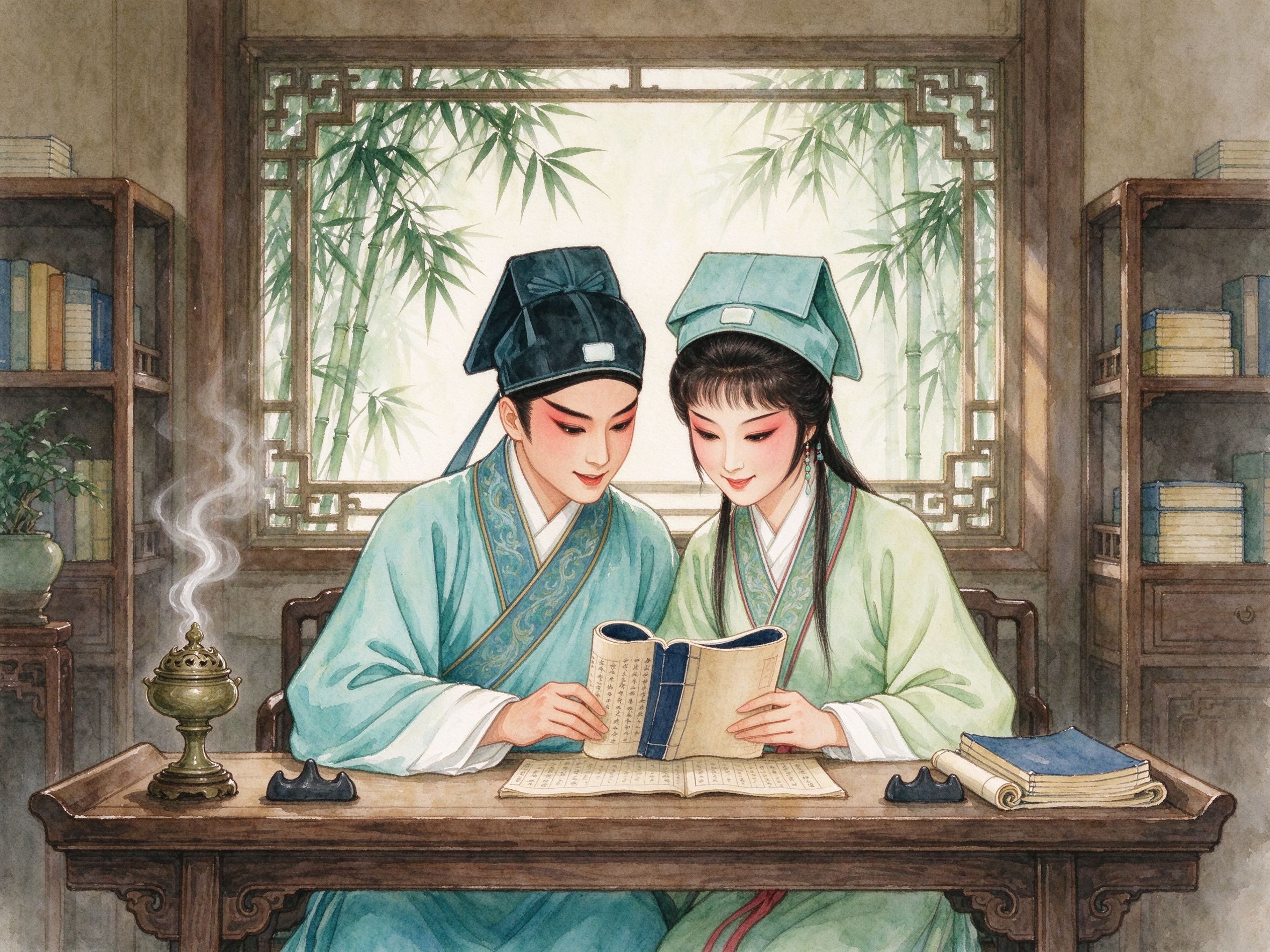 黄梅戏《梁祝》梁山伯与祝英台书房同窗共读