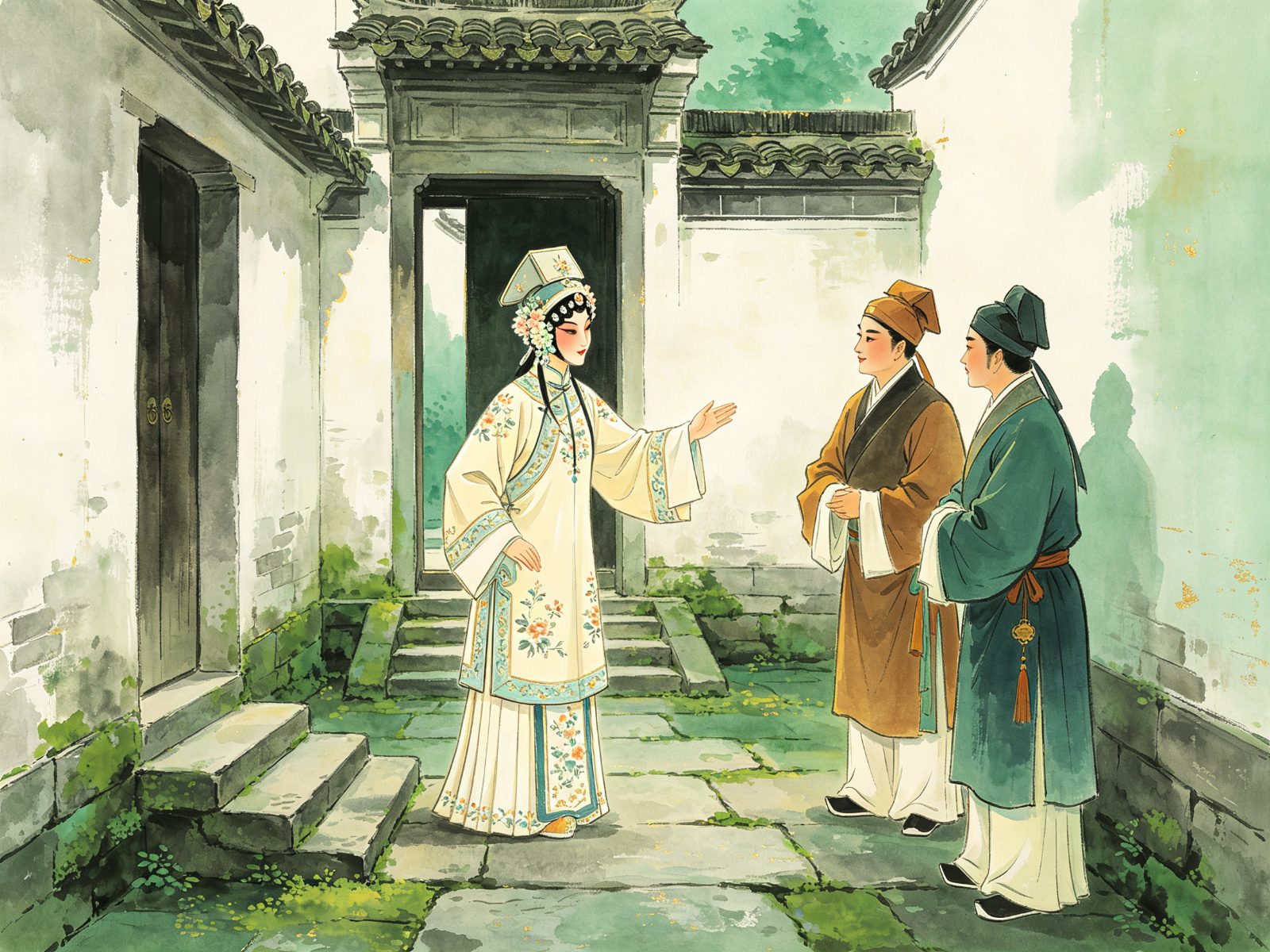 黄梅戏《六尺巷》舞台情境，身着素色绣纹袄裙的倾宁夫人立于徽派宅院天井巷口，抬手做礼让相让的身段，身旁两位古装家人装扮的配角，白墙灰瓦、青苔石阶，翡翠绿与暖金色调
