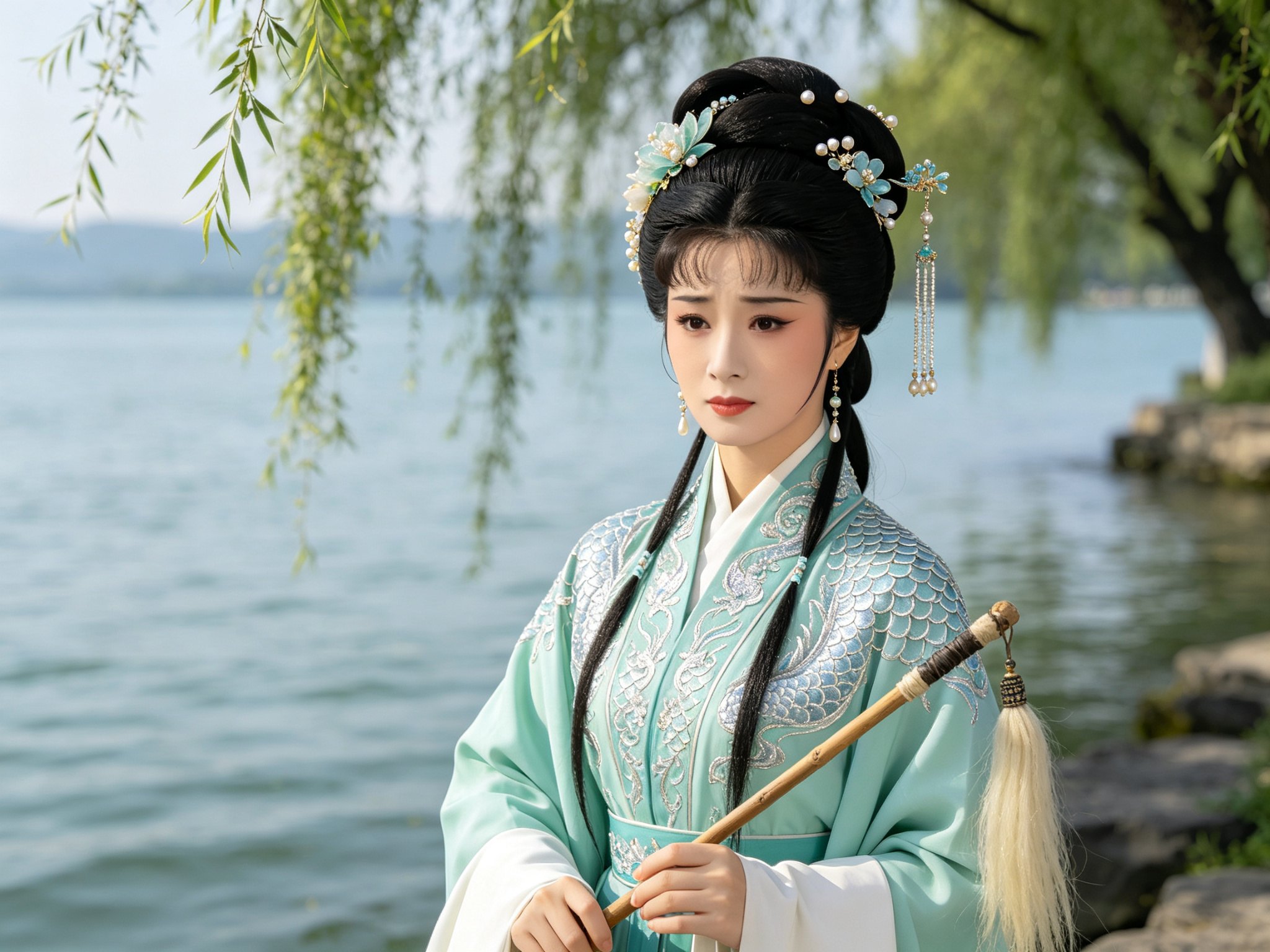 黄梅戏古装龙女三娘造型，高髻簪花缀珍珠步摇与长流苏，身着淡青碧色绣银鱼鳞纹古装，手持牧羊马鞭，身后洞庭湖水波与岸边杨柳，神情幽怨含期望