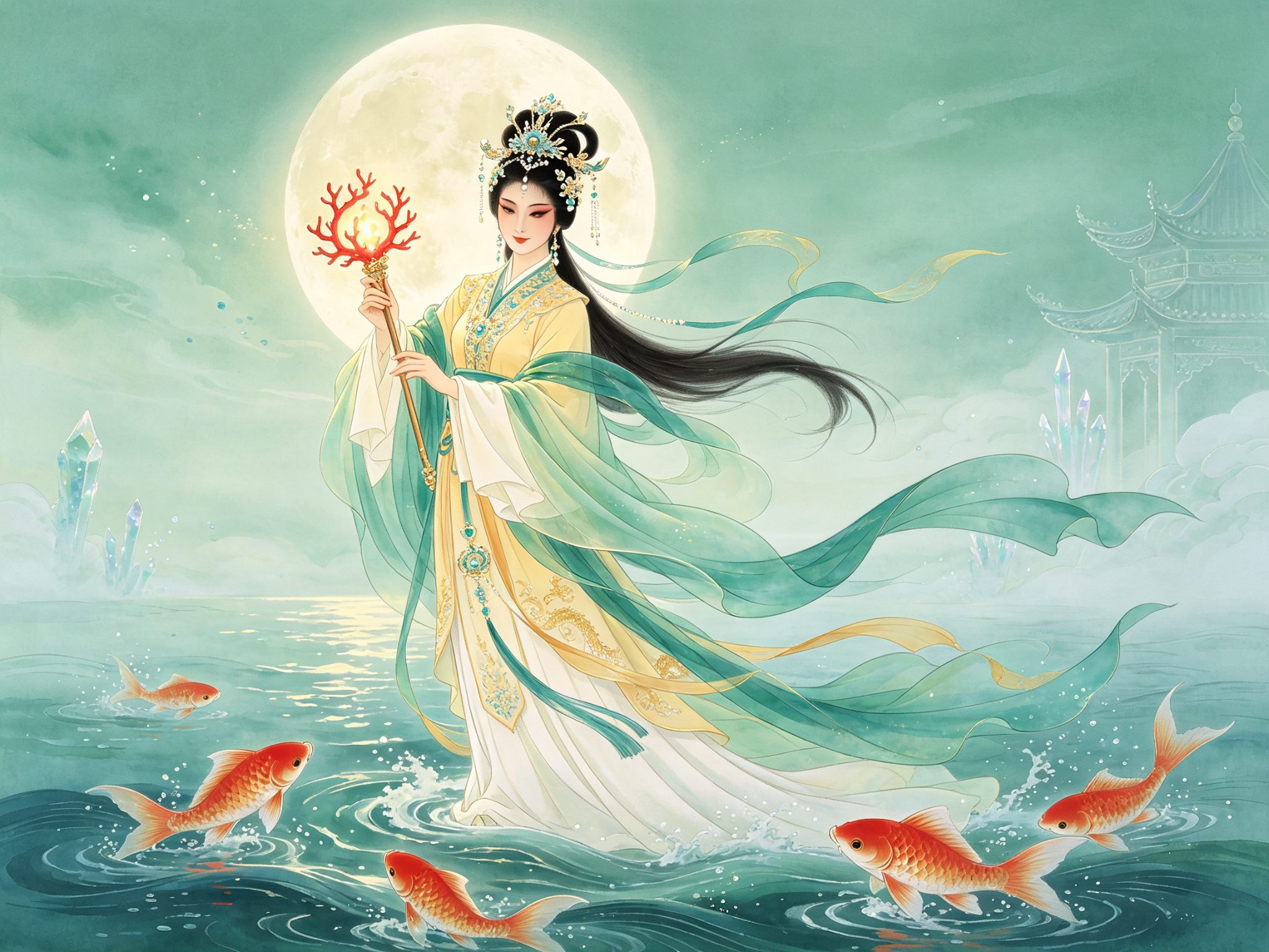 黄梅戏《龙女》云花公主手捧红珊瑚立于月色水波之畔，锦鲤游曳