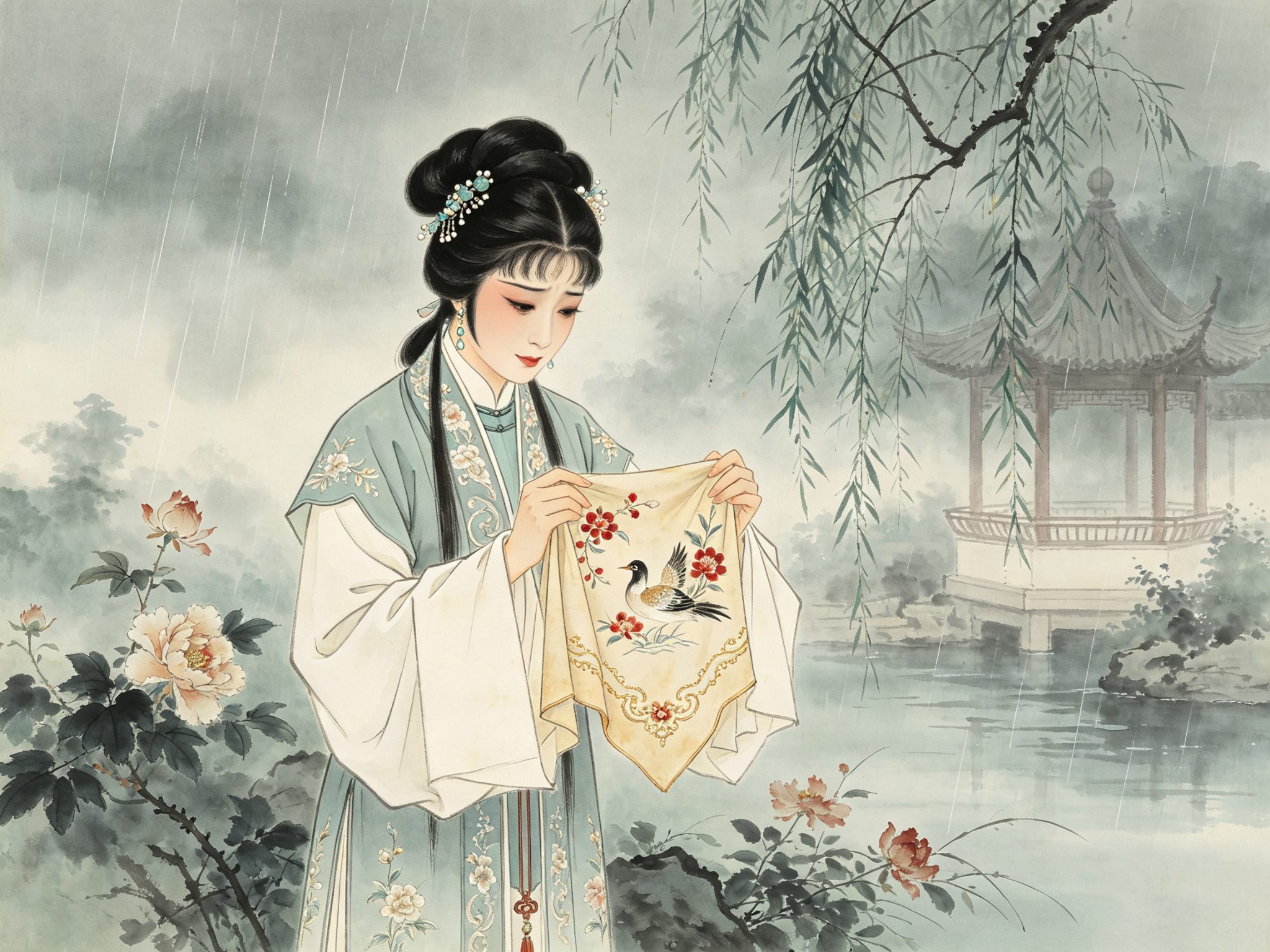 黄梅戏《罗帕记》陈赛金双手捧绣鸳鸯花卉的丝绸罗帕，烟雨庭院中含冤凝视
