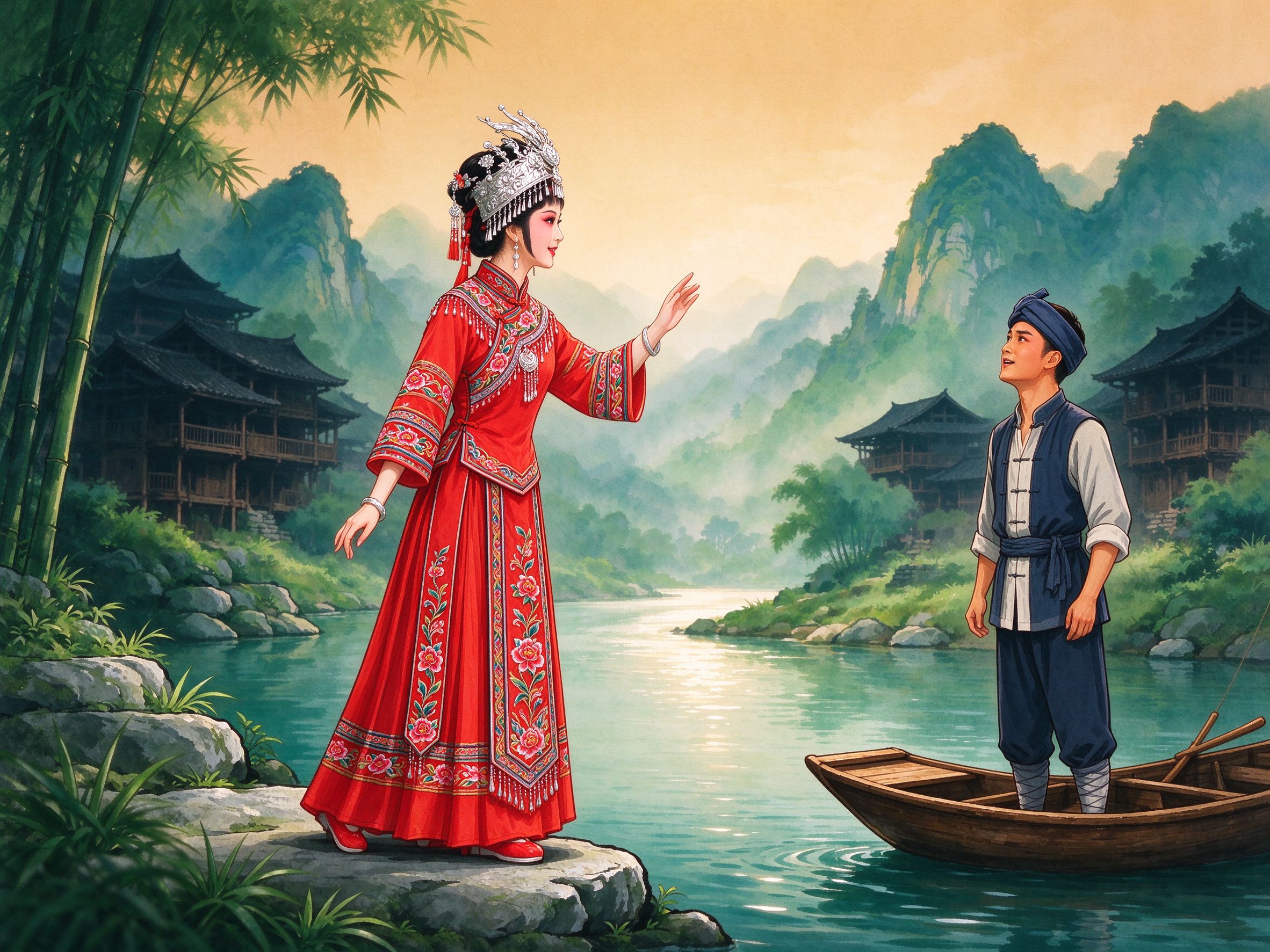 黄梅戏《妹娃要过河》舞台情境，身着土家大红刺绣嫁衣、头戴银饰的阿朵立于河边青石，与小木船头的客家水手阿龙遥遥相望，背景是青山绿水与吊脚楼