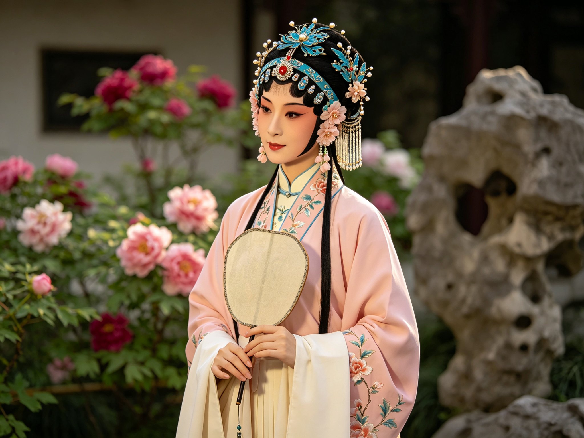 黄梅戏闺门旦演员扮演的杜丽娘造型，头戴精致点翠头面缀珍珠花簪与流苏，身着浅粉绣花女帔，手持素面团扇，神情温婉含春，背景为虚化的牡丹花丛与太湖石