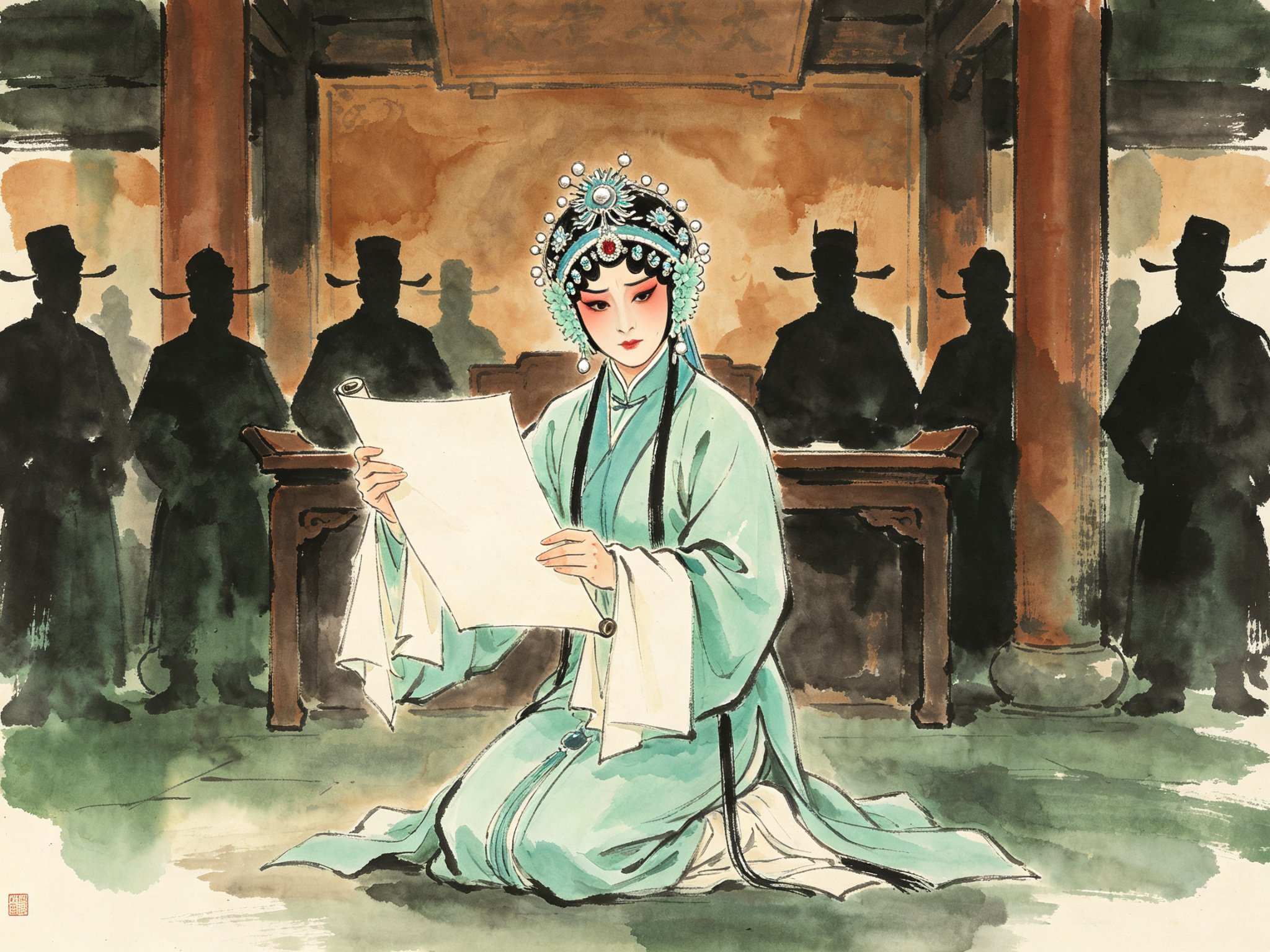 黄梅戏《皮秀英四告》公堂之前，青衣旦角皮秀英手捧空白状纸跪地申诉，身后衙役肃立，公堂立柱环绕