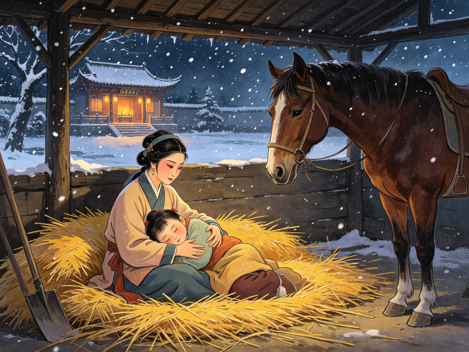 黄梅戏《荞麦记》王三女母子风雪夜宿马棚