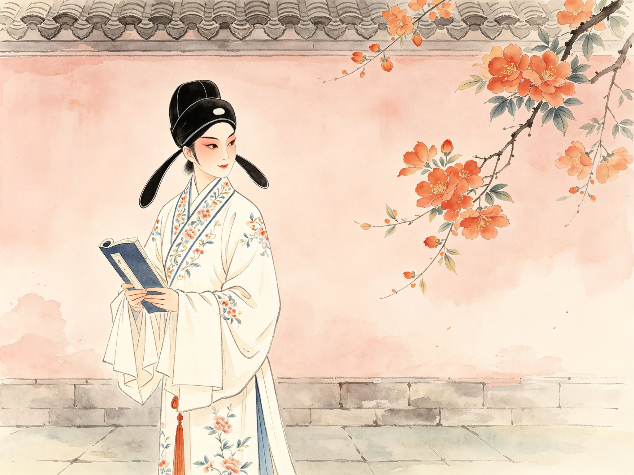 黄梅戏《秋千架》舞台上，女扮男装的少女楚云头戴文生巾、身着月白绣花男帔、手持书卷，侧身立于徽州粉墙秋海棠旁