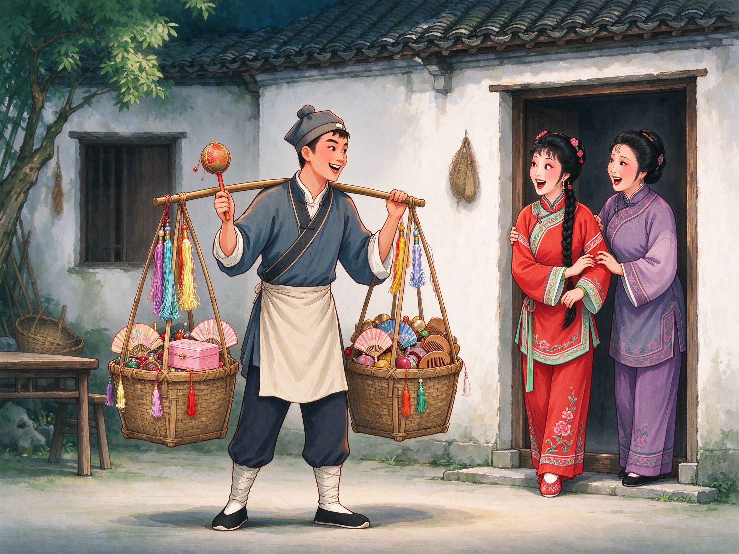 黄梅戏《卖杂货》舞台情境，穿短打围裙、头戴小帽的年轻货郎肩挑装满丝线粉盒的杂货担、手摇拨浪鼓，与扶着门框的红袄姑娘和中年嫂嫂欢快对唱，背景是江南农家小院