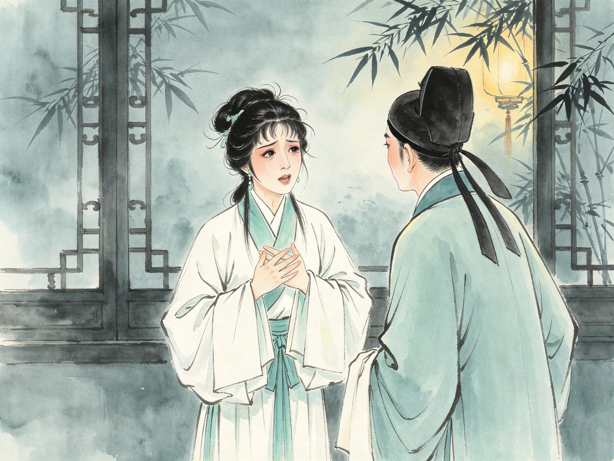 黄梅戏《三劝》舞台上，正旦青衣陈赛金素衣散发、双手捧心含泪哀唱，身侧小生王科举半回身、面露不忍，背景窗棂竹影