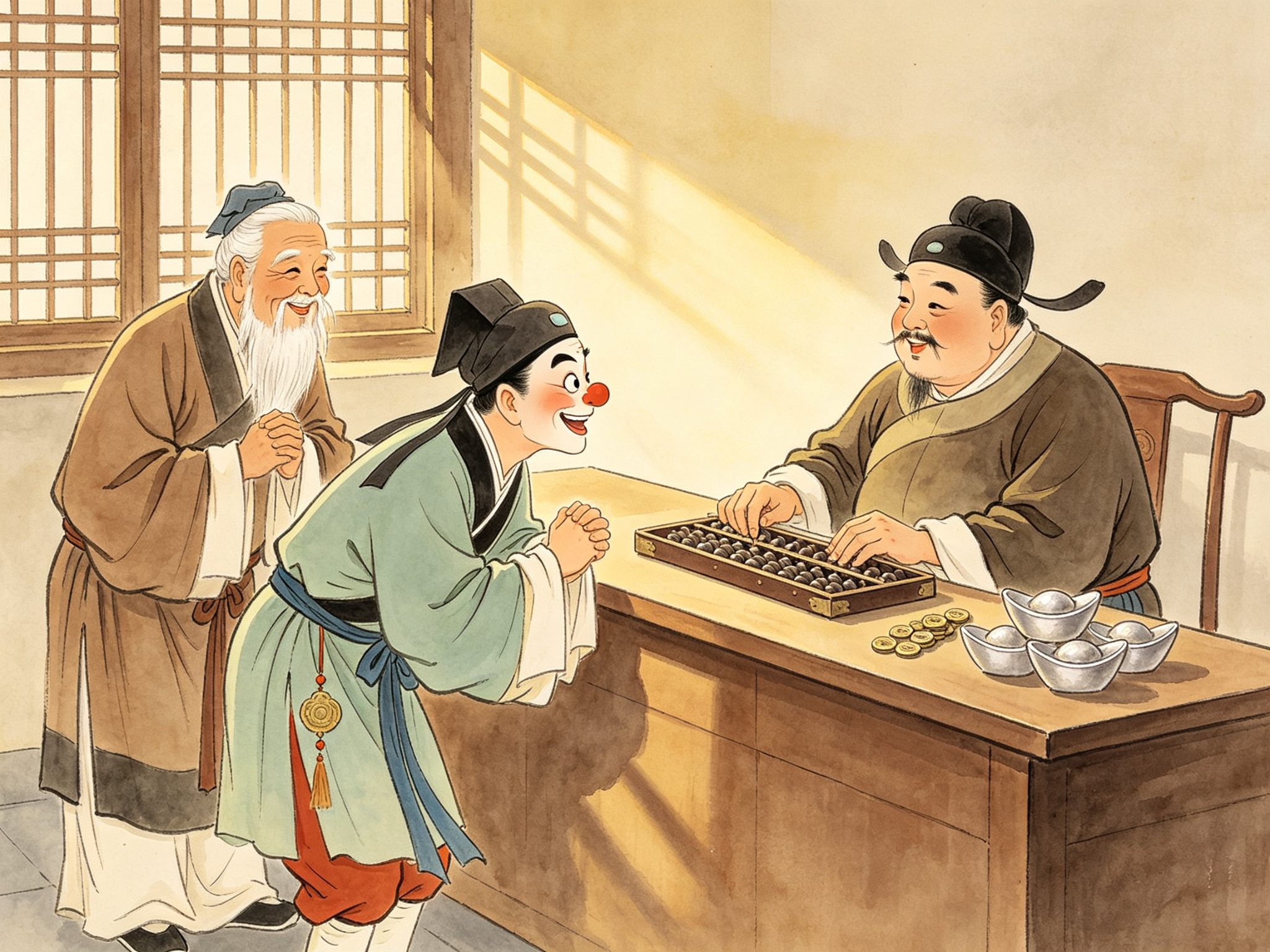 黄梅戏《对三字经》古色古香烟钱庄柜房，年轻书生人之初躬身拱手向柜后富态财主金满簫借银，旁边白须老先生窦燕山捋须微笑作保，柜台上放着银元宝与铜钱