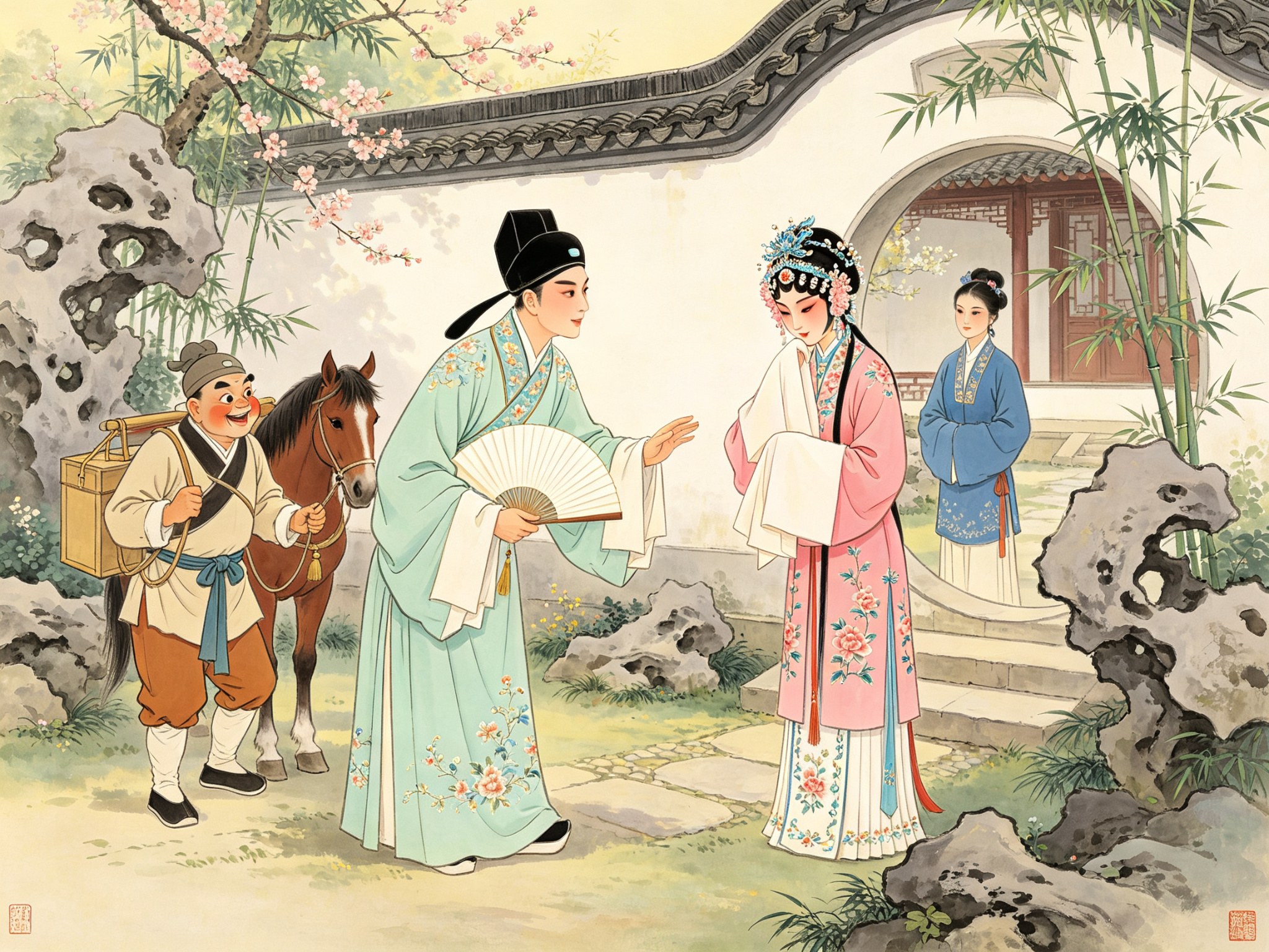 黄梅戏《山伯访友》江南园林庭院中，年轻小生梁山伯手持折扇恳切相对，旦角祝英台以袖含羞，书童四九牵马、丫鬟银心侍立一旁