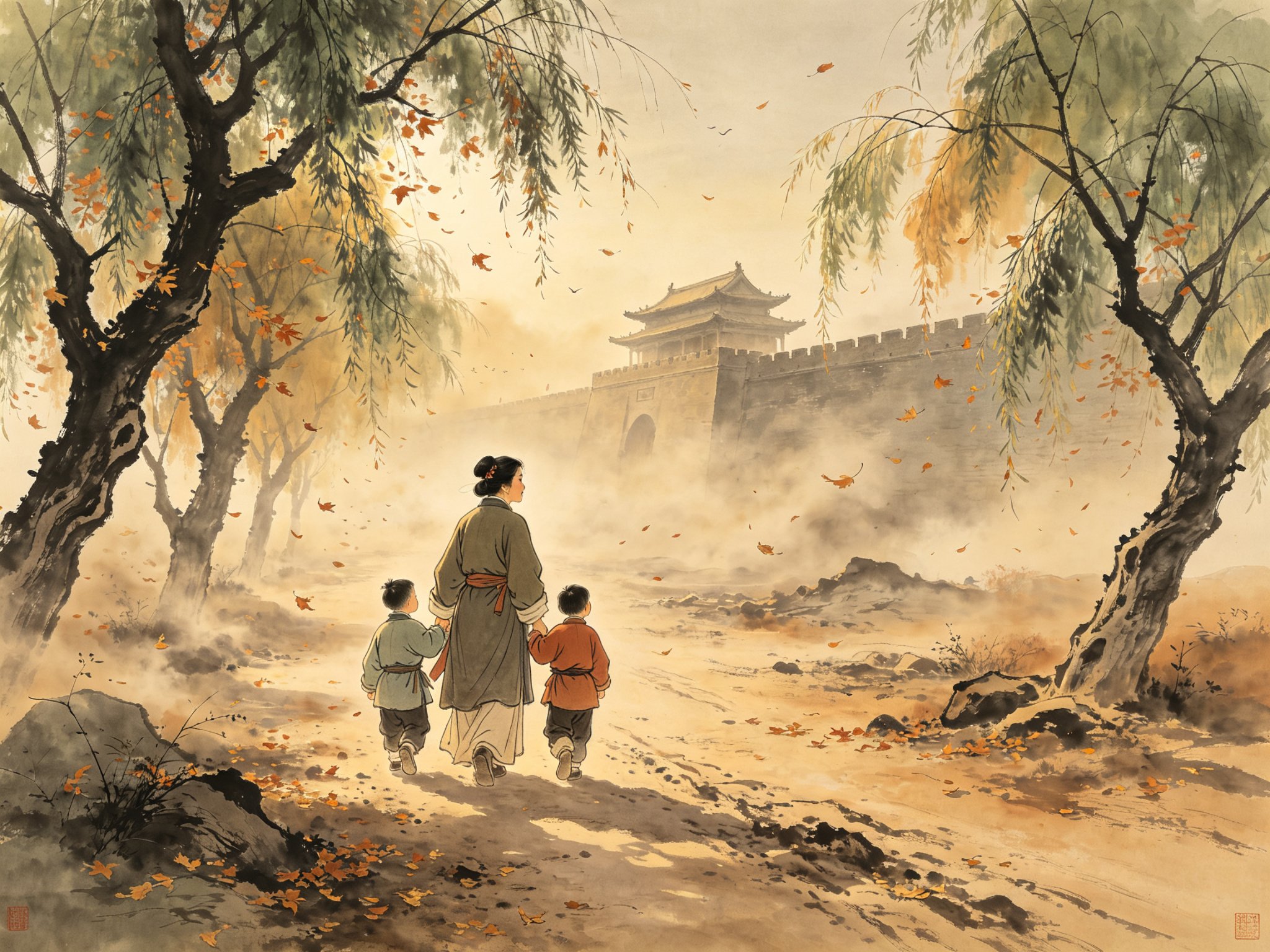 黄梅戏《双插柳》古官道上，荆钗布裙的中年妇人赵桂英牵着一儿一女两个幼童，回头望向远方京城，道旁两行老柳、秋风卷起落叶，远处城郭朦胧