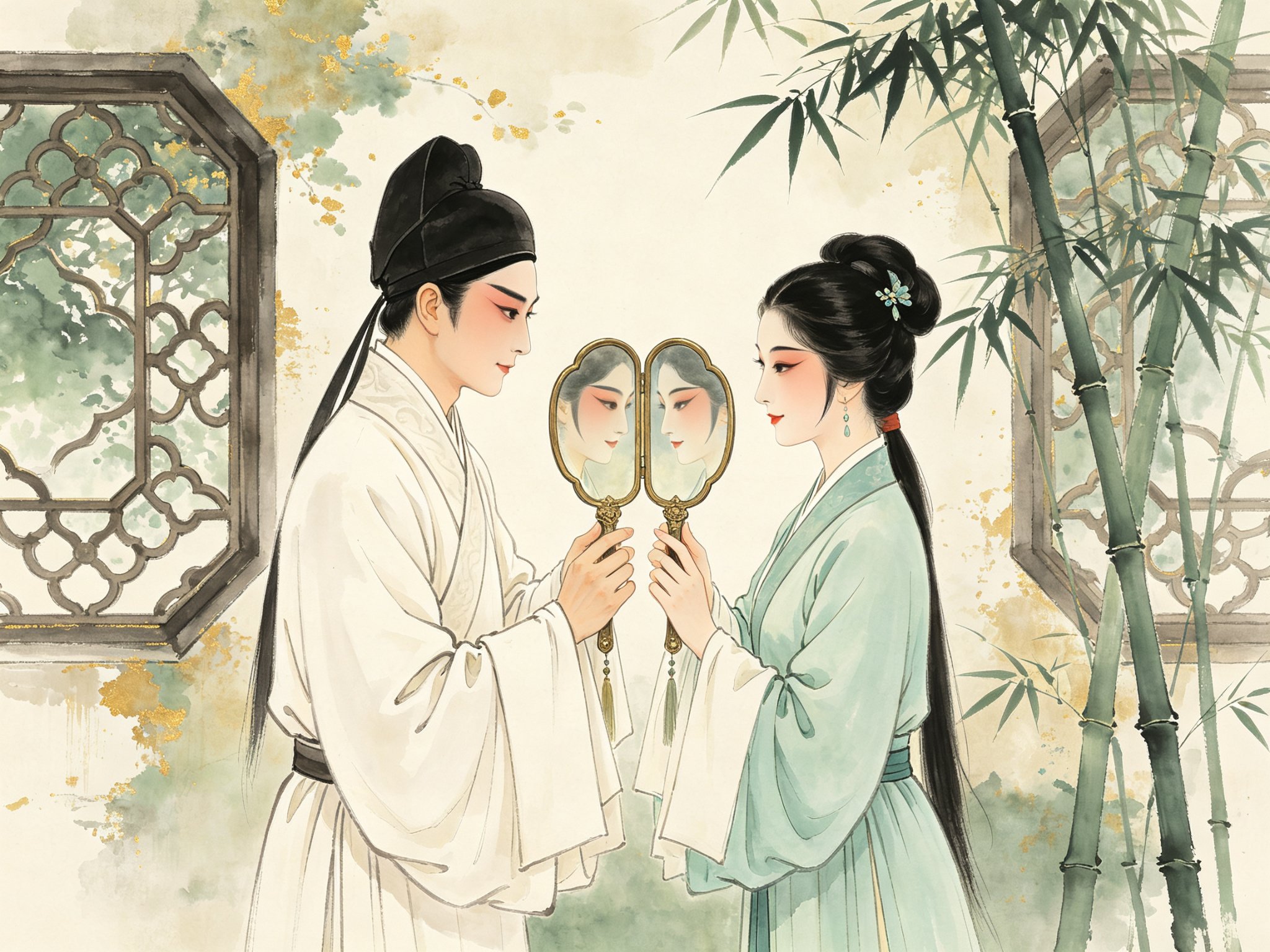 黄梅戏《双合镜》园林漏窗修竹之间，小生张德义与小旦秦秀英各执半面古铜镜，双手将两半镜面对合