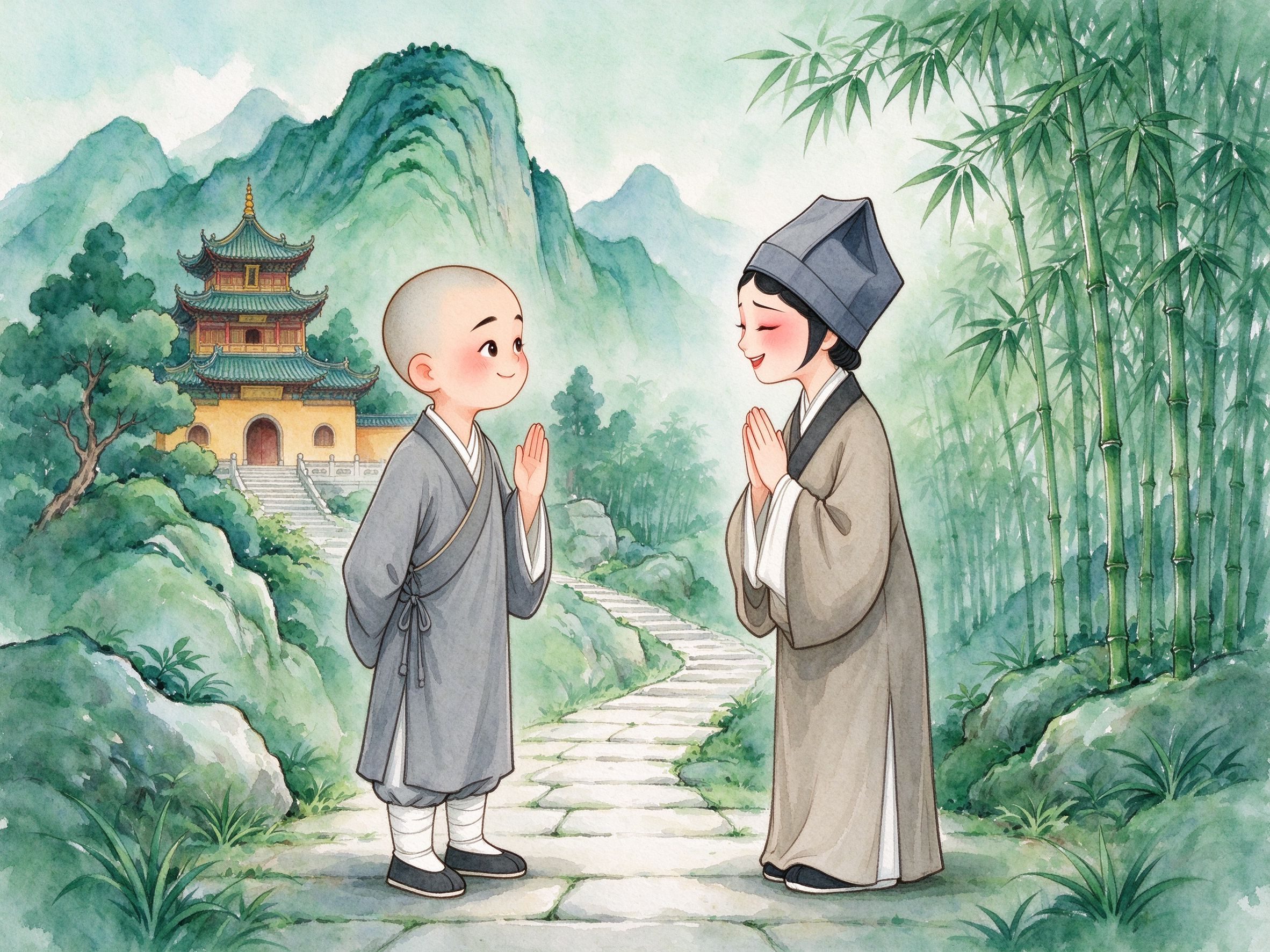 黄梅戏《双下山》山径之上小和尚与小尼姑相遇相望