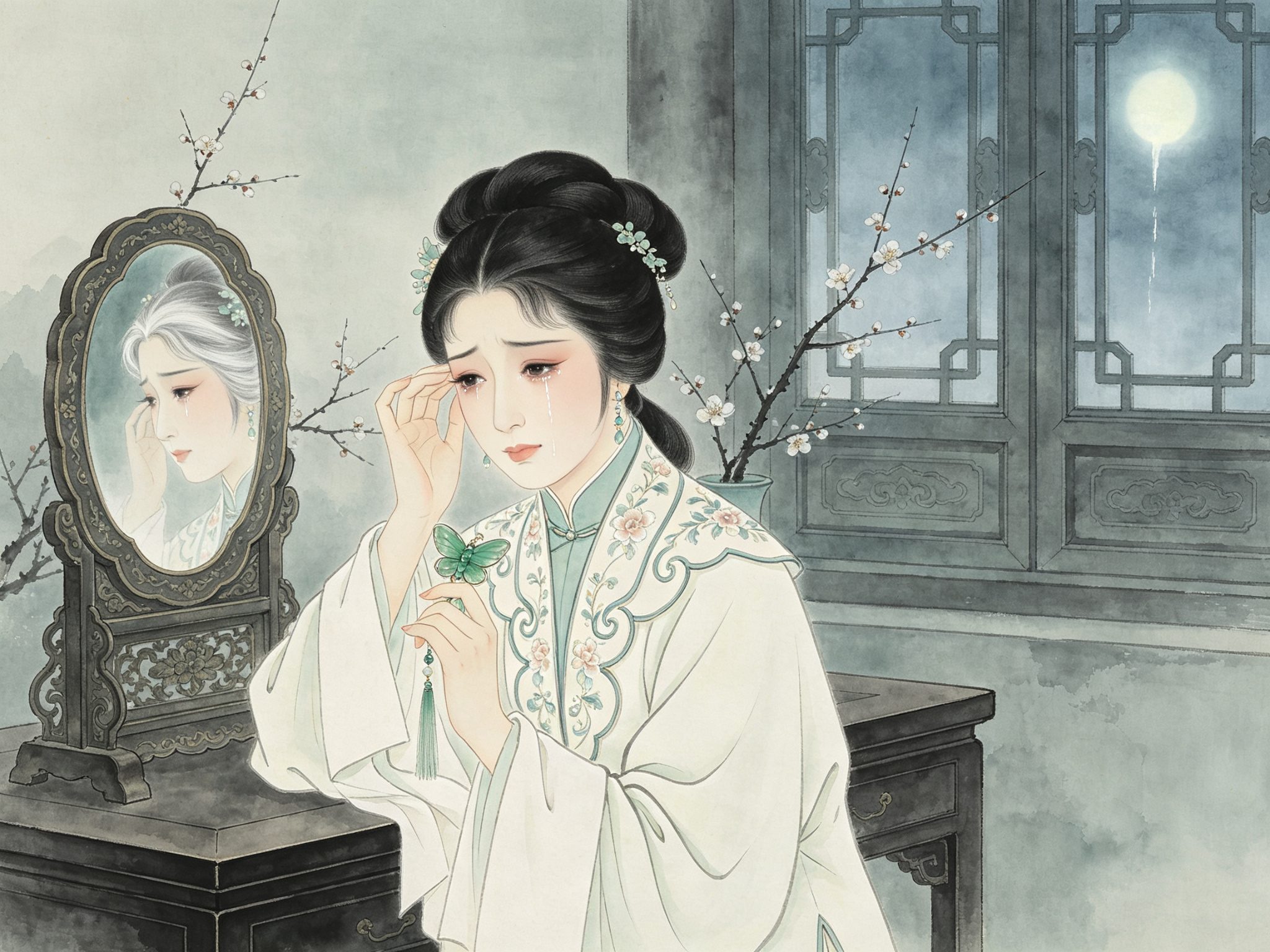 黄梅戏《双玉蝉》曹芳儿素衣正旦妆对菱花镜抚鬓，鬓边染霜，手捧青玉蝉佩眼角含泪