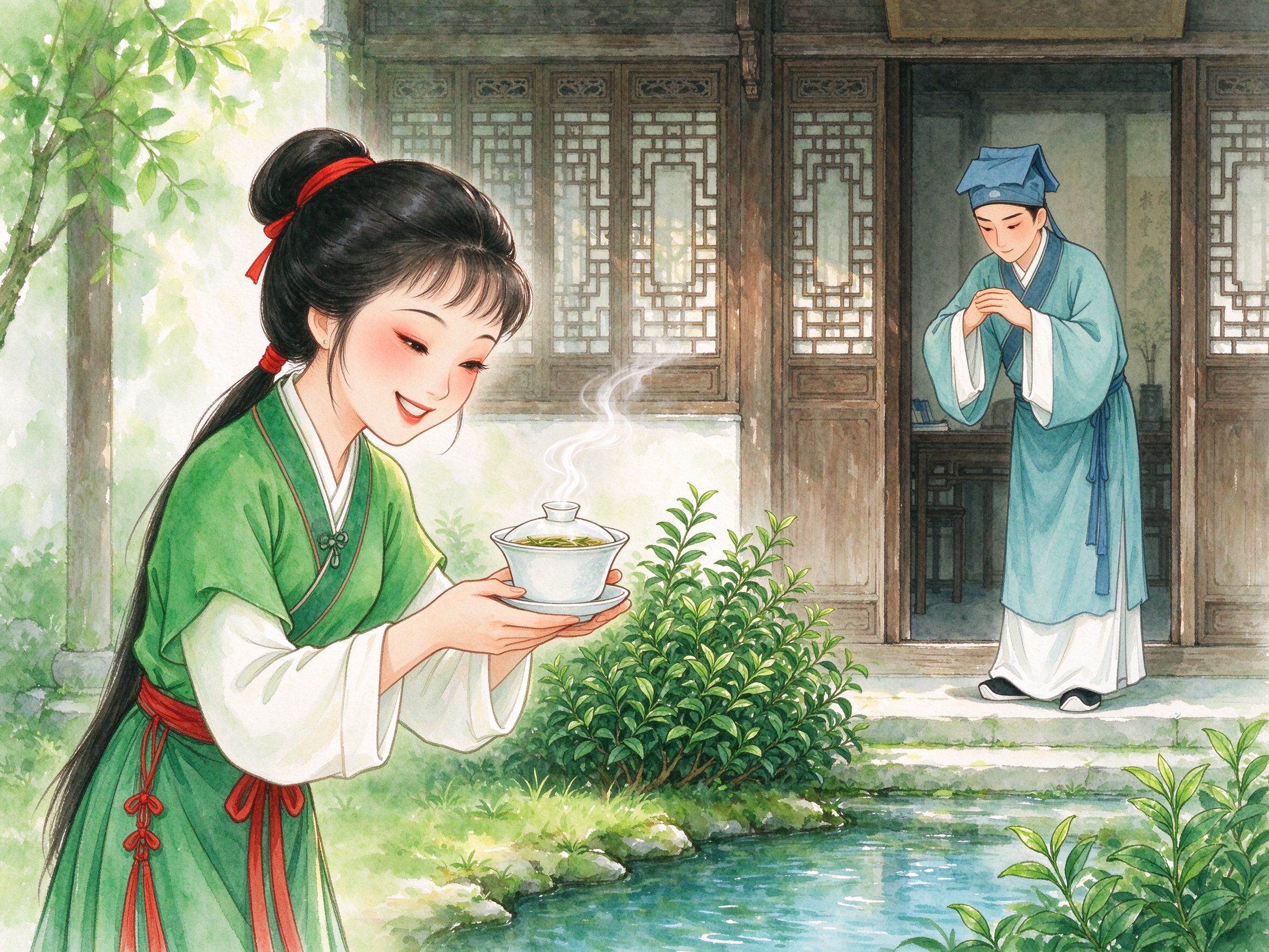 黄梅戏《送香茶》陈月英手捧香茶向书房门口的张宝童递送