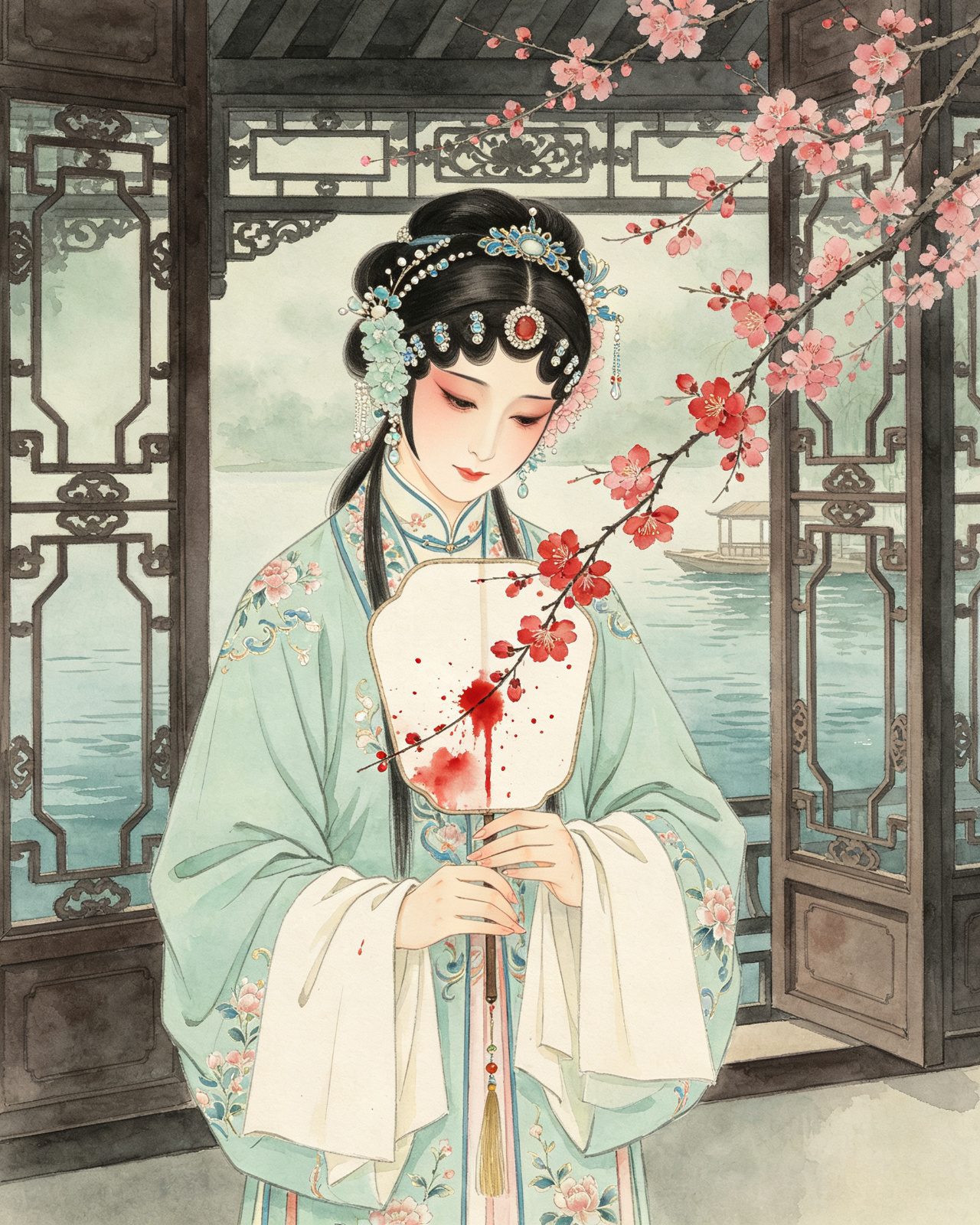 黄梅戏《桃花扇》李香君手捧血点染成桃花的诗扇