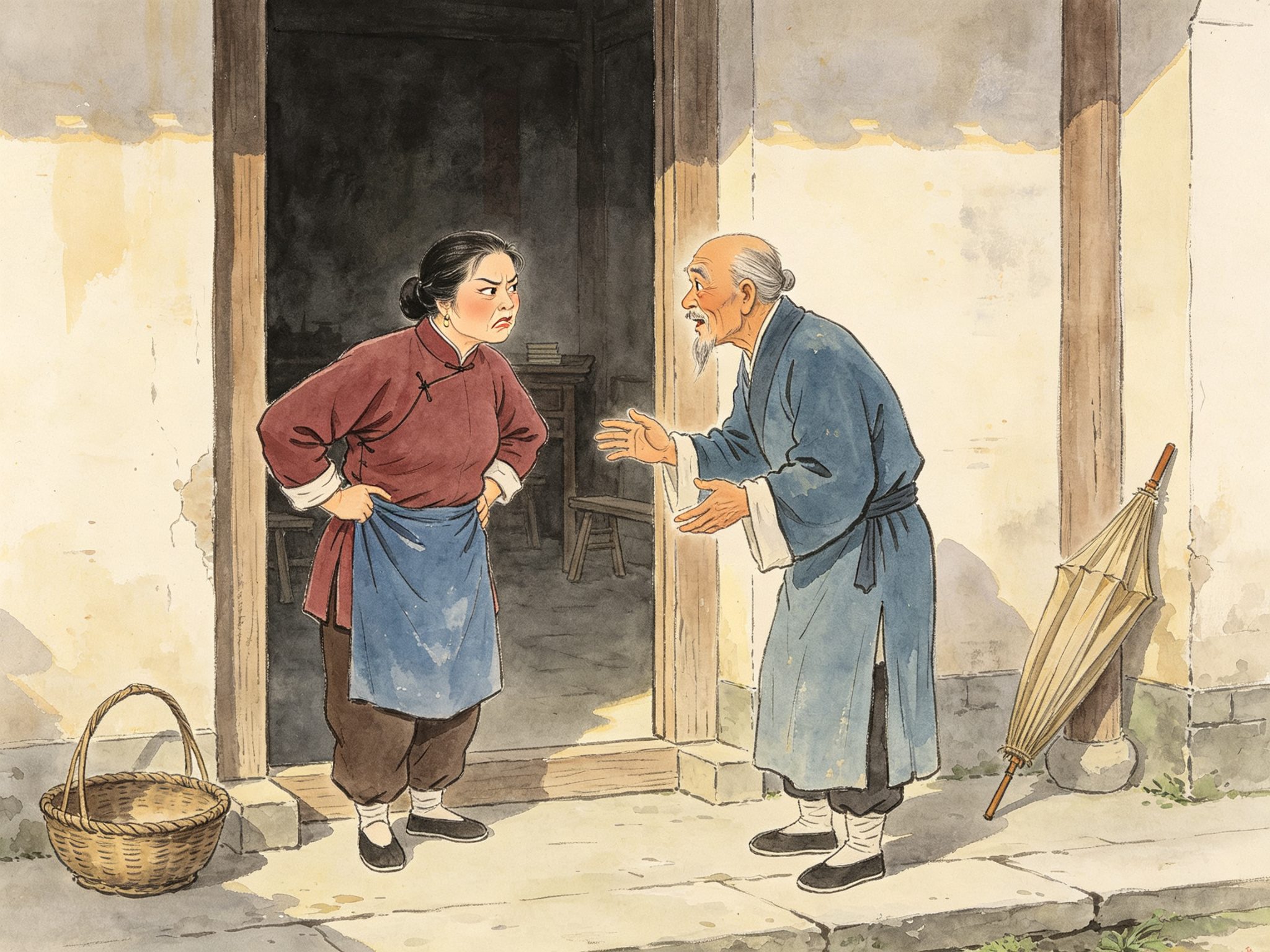黄梅戏《讨学钱》东家堂屋门口，尖刻的陈大嫂双手叉腰斜眼撇嘴，对面清瘦老塾师张先生伸着手一脸无奈，门槛内外滑稽对峙