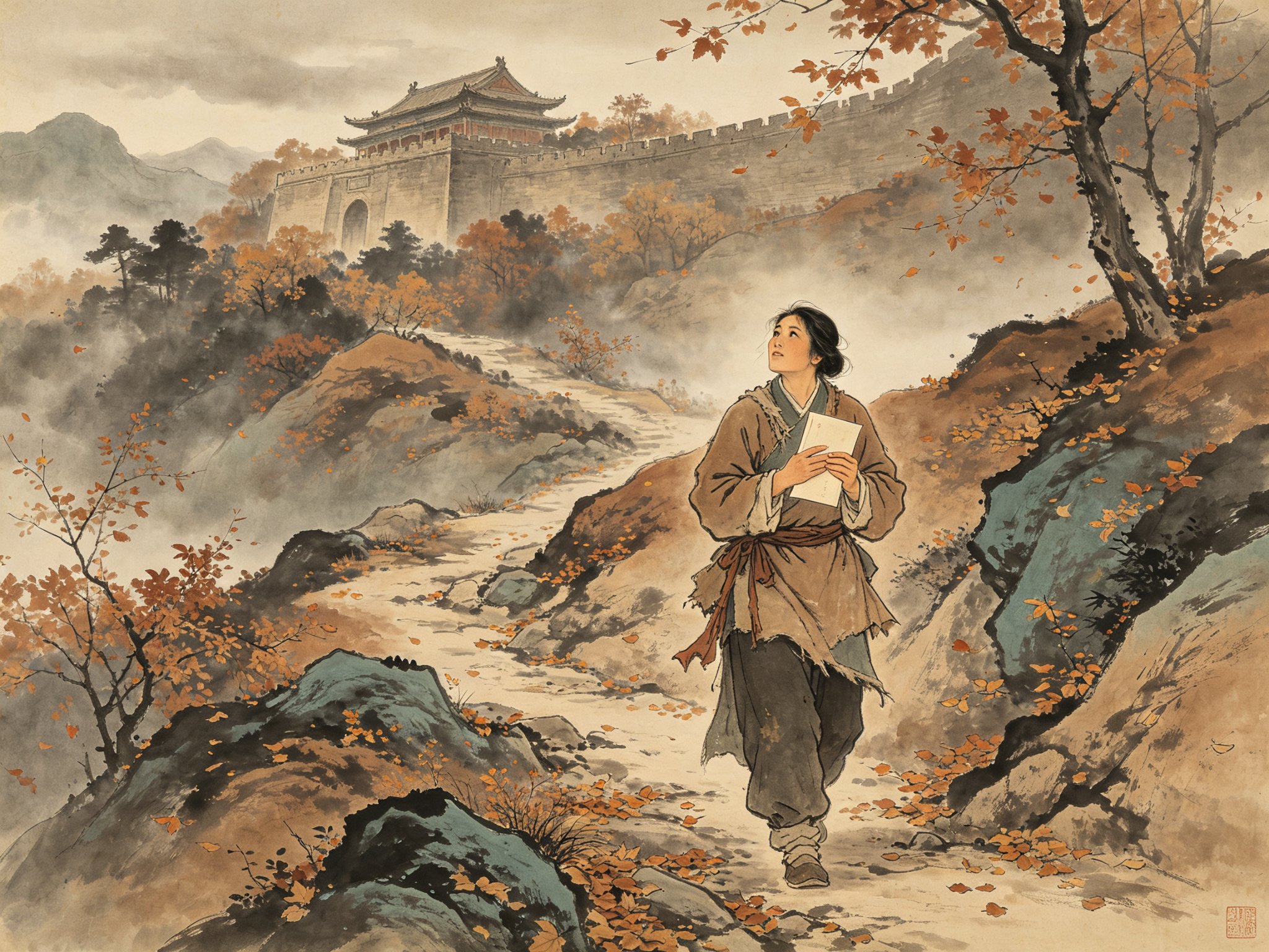 黄梅戏《乌金记》秋日崎岖山道上，风尘仆仆的陈氏荆钗布裙，双手将一封书信紧紧按在胸前，抬头望向远方，山间落叶缤纷，远处隐约高墙府邸轮廓