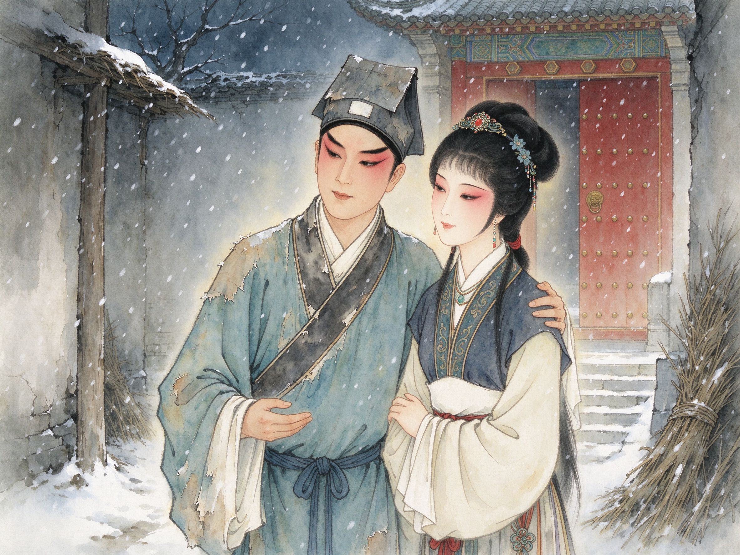 黄梅戏《五女拜寿》贫寒书生邹应龙与衣饰素净的杨三春在风雪陋巷中相依，身后是朱红大门的豪门府邸