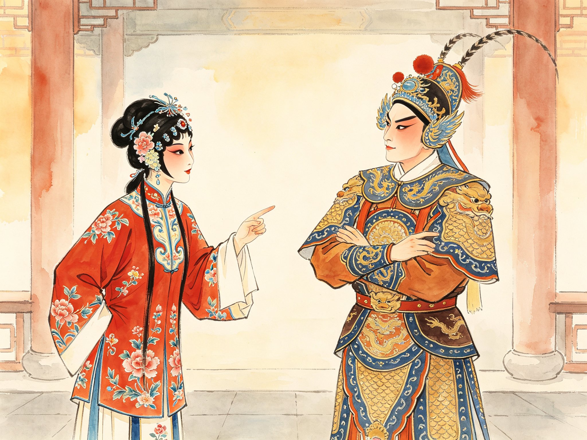 黄梅戏《无事生非》舞台上，左侧率真泼辣的花旦李碧翠红衣绣花、手指对面，右侧聪明傲慢的小生白立荻身披铠甲、抱臂争辩，二人唇枪舌剑