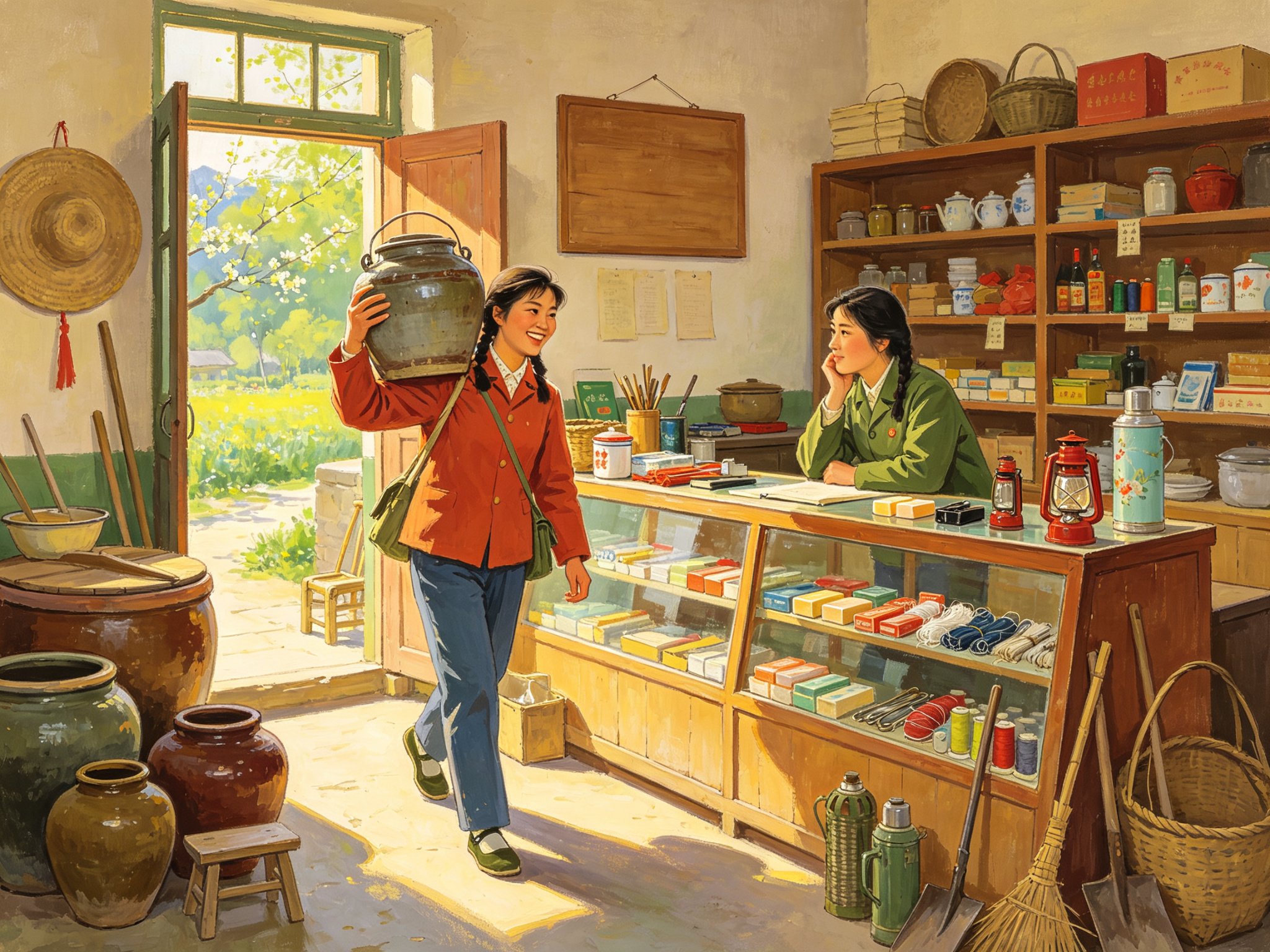 黄梅戏《小店春早》山区供销合作社小店里，木柜台内外摆着大缸陶罐农具杂货，一位爽朗的女营业员把大缸扛到肩上准备下乡，另一位在柜台后若有所思，春日暖阳透进门来