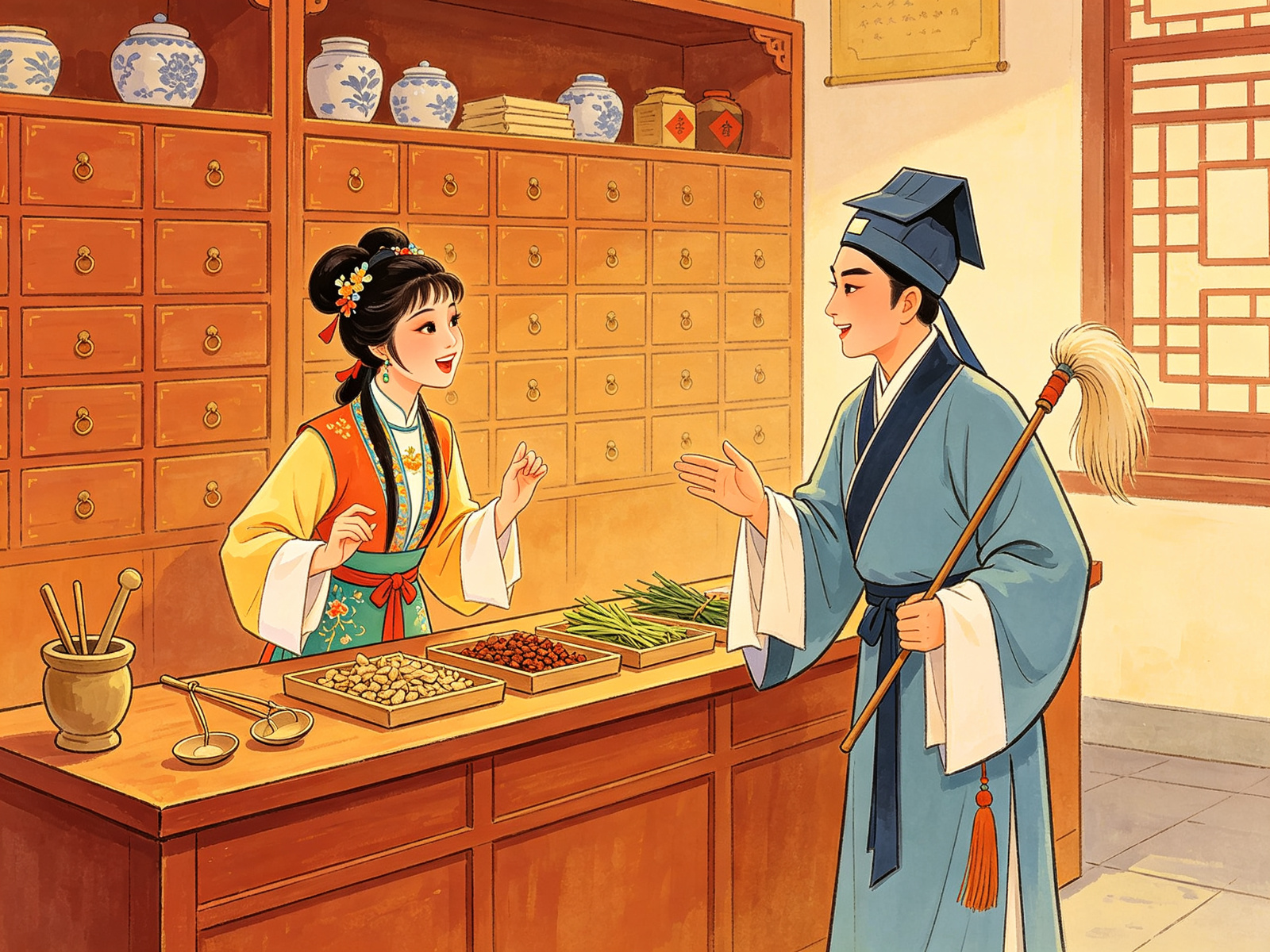 黄梅戏《戏牡丹》吕洞宾与白牡丹药店对药名