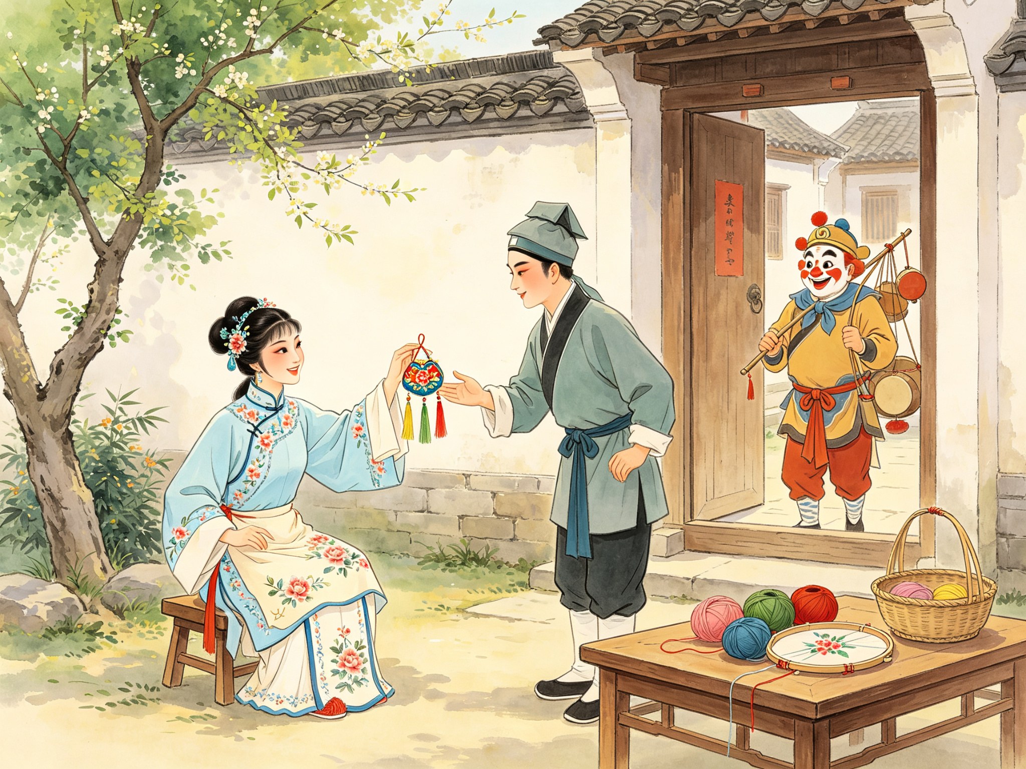 黄梅戏《绣荷包》江南农家小院，小旦干妹举着刚绣好的五彩荷包笑递向小生干哥，门口站着摇拨浪鼓的小丑货郎，木桌上摆着五色绒线团与绣绷