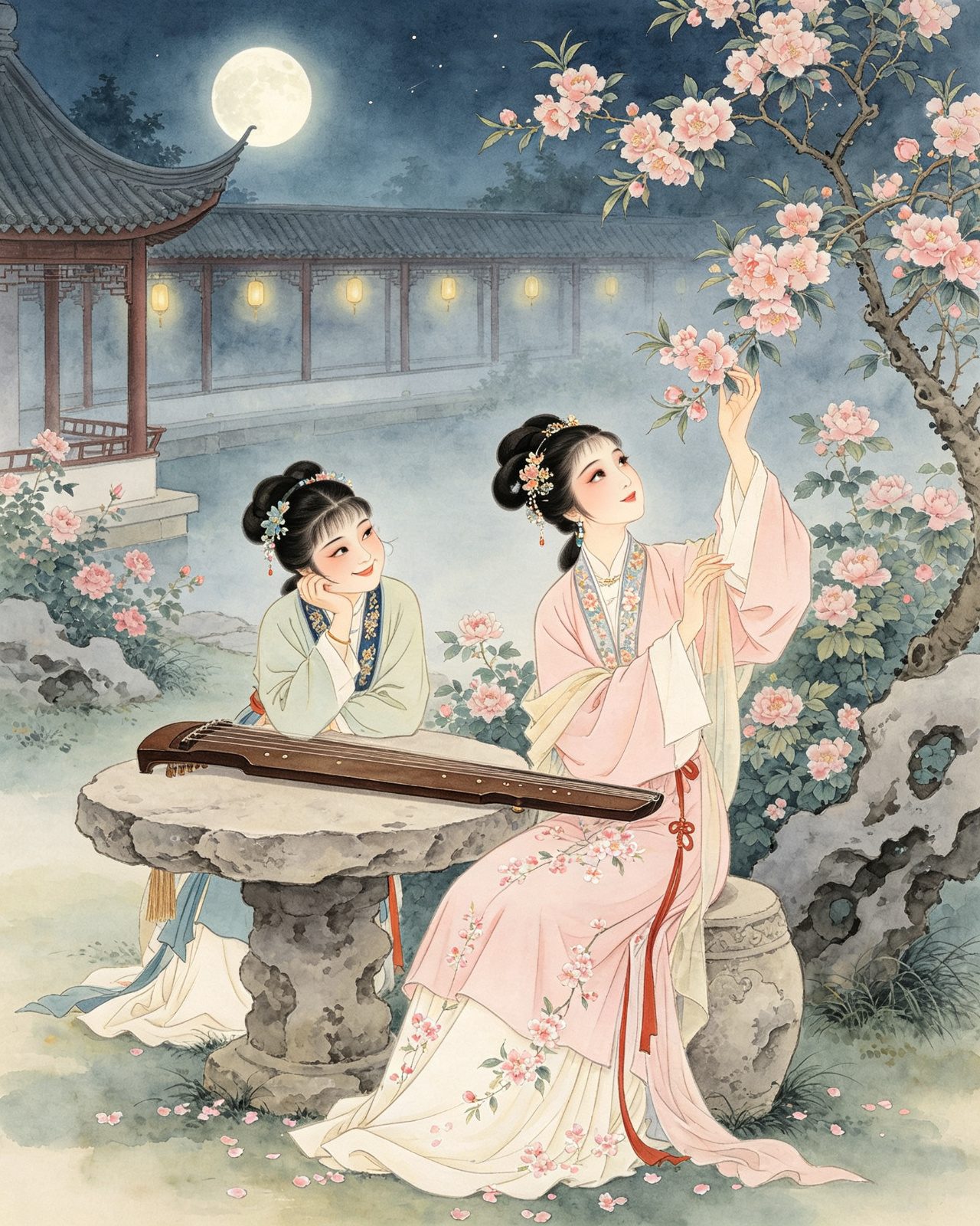 黄梅戏《西厢记》月夜花园崔莺莺与红娘石桌瑶琴旁待月