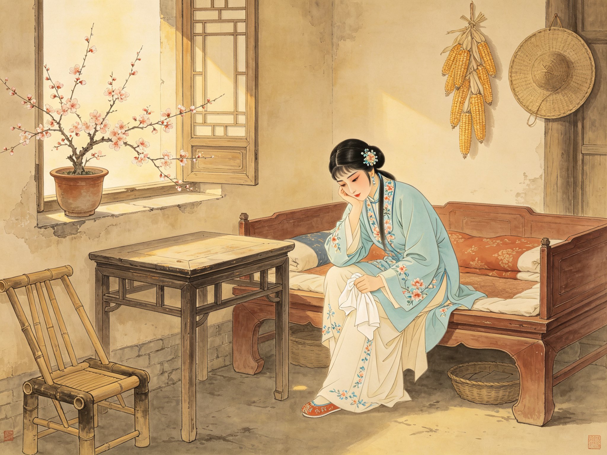 黄梅戏《张二女自叹》闺房内，年轻小旦张二妹半倚木床，一手撑腮攥着白沙汗巾，满面相思倦容，窗外杏花开