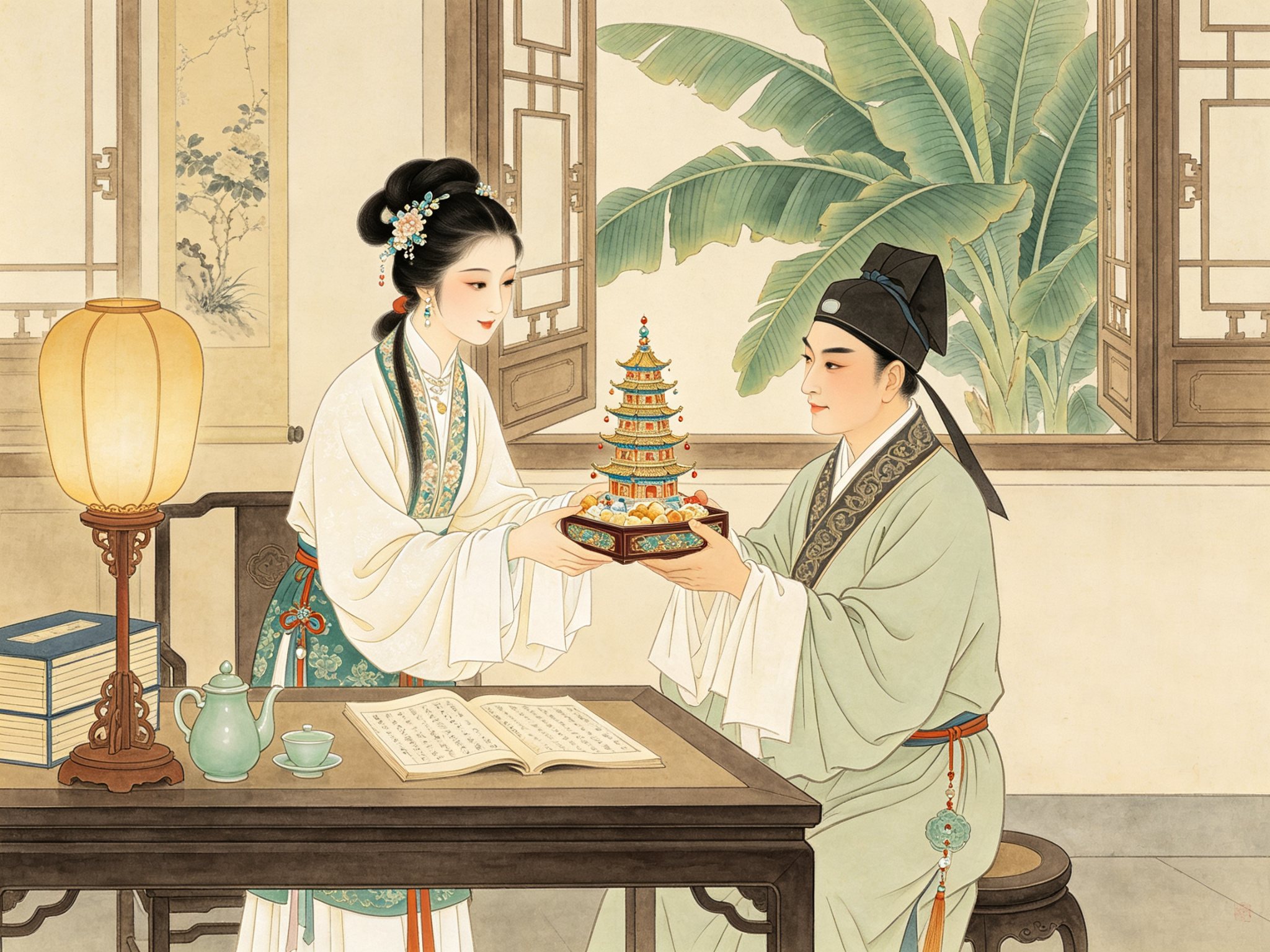 黄梅戏《珍珠塔》古代闺楼书案旁，贤淑表姐陈翠娥正将一座玲珑嵌珠七层珍珠宝塔藏进精致点心食盒，递与面前贫寒书生方卿，案上摊着书卷青瓷茶具