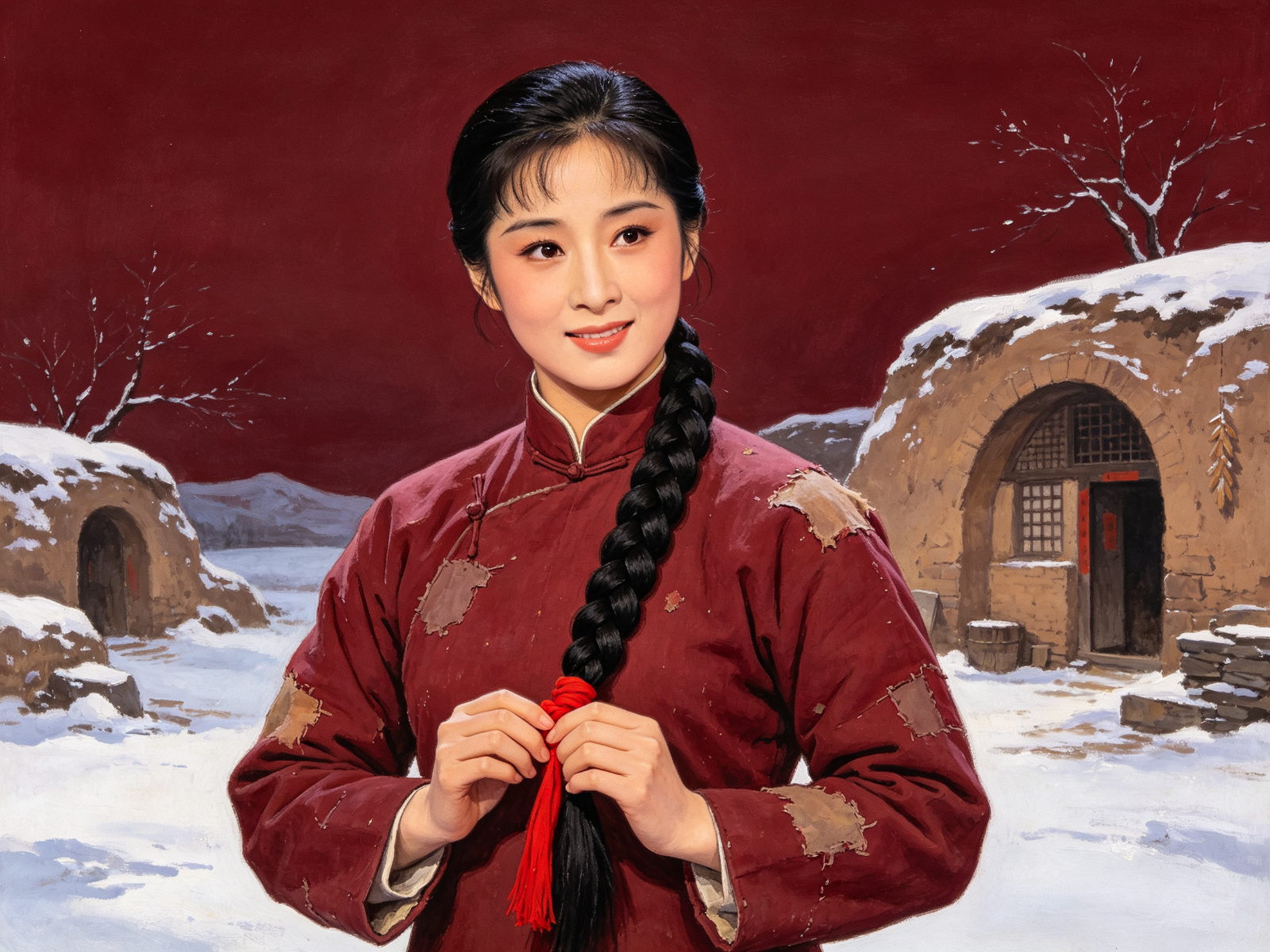 现代京剧《白毛女》旦角喜儿，一条粗长黑辫、辫梢系鲜红二尺头绳、身穿打补丁的暗红旧棉袄，双手轻捏红头绳，眼神凄楚温暖