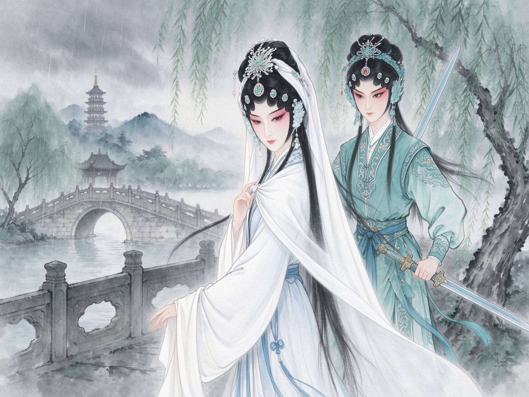 京剧《白蛇传》白素贞白衣立于断桥、小青持剑相伴西湖烟雨