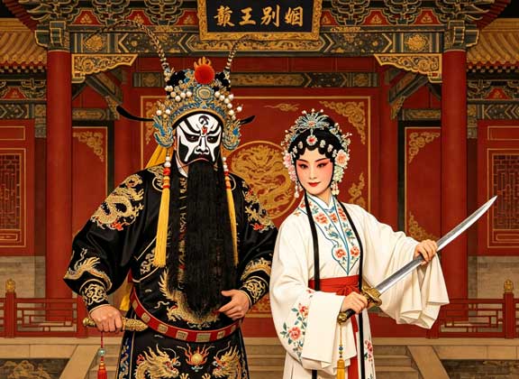 京剧霸王别姬舞台艺术——项羽花脸黑色蟒袍与虞姬白色花衫持双剑，古戏楼背景，展现梅派经典的悲壮美学