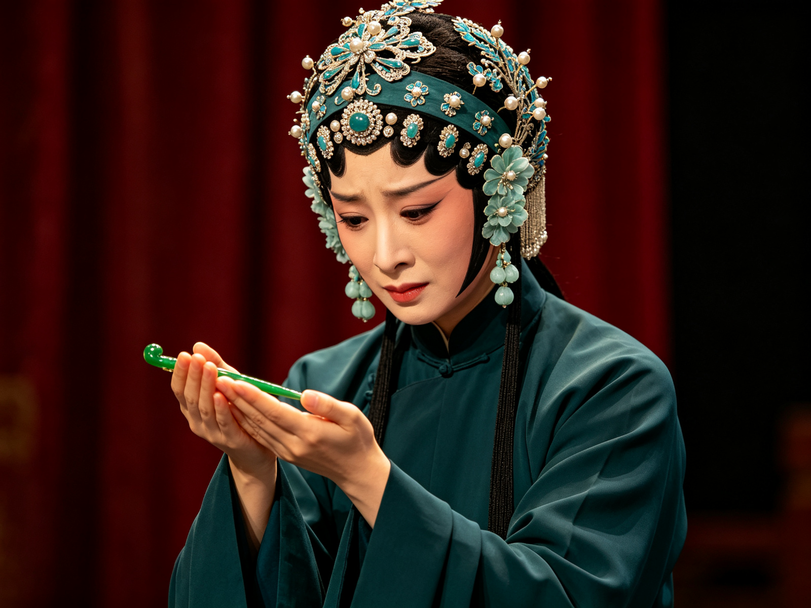 京剧《碧玉簪》程派青衣张玉贞头戴素雅点翠头面、身穿青色素褶子，双手掌心向上托着一支碧玉发簪，低头凝视、神情委屈温婉