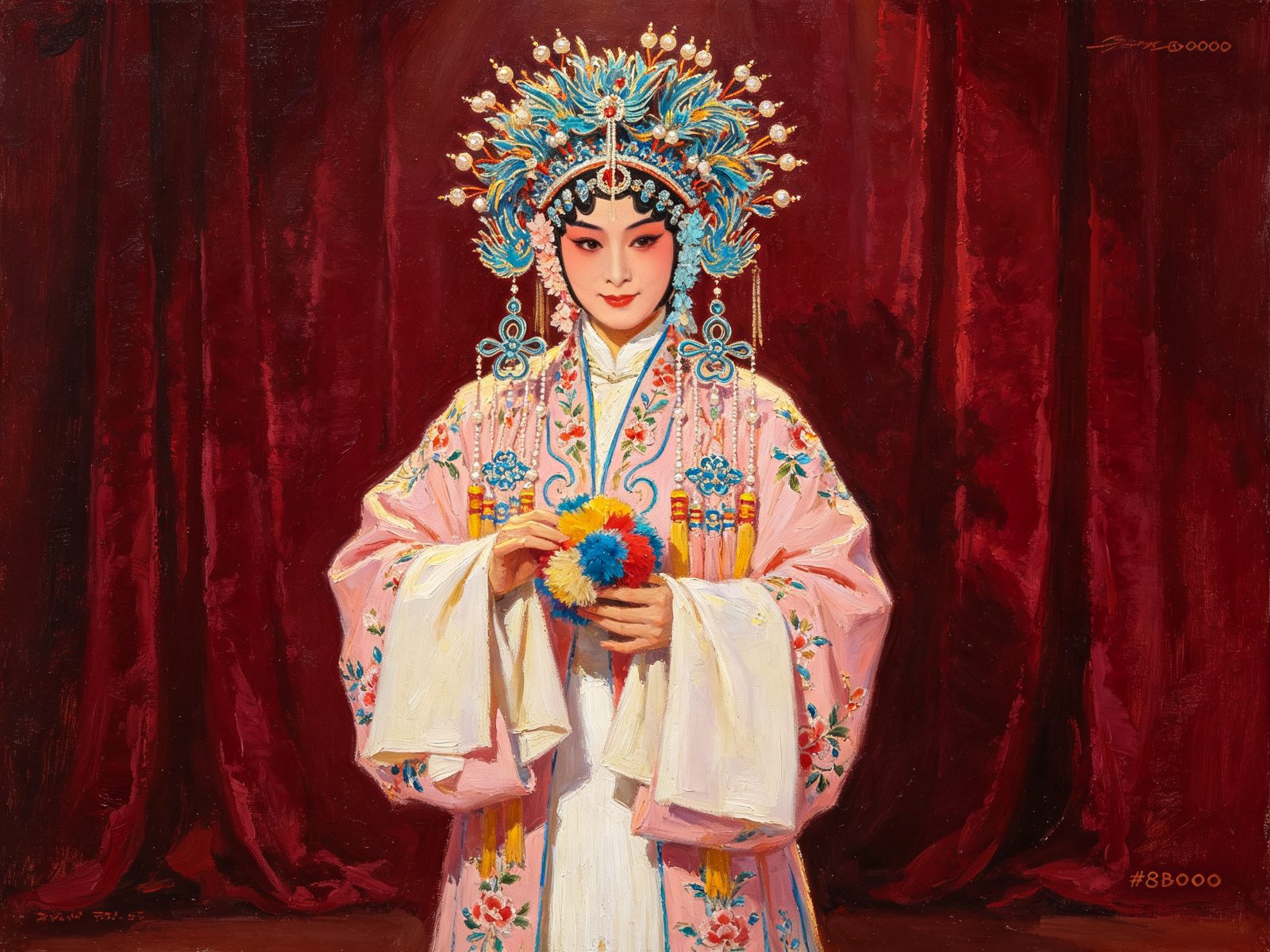 京剧青衣王宝钏，头戴点翠凤冠珠翠头面、身穿淡粉绣花女帔、双手捧五彩绒球，面容端庄含羞亮相