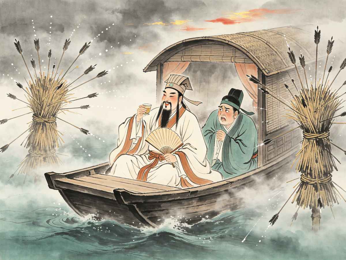 京剧草船借箭船舱内诸葛亮羽扇纶巾举杯饮酒谈笑，鲁肃青袍缩身颤抖，船外浓雾草人上插满箭支