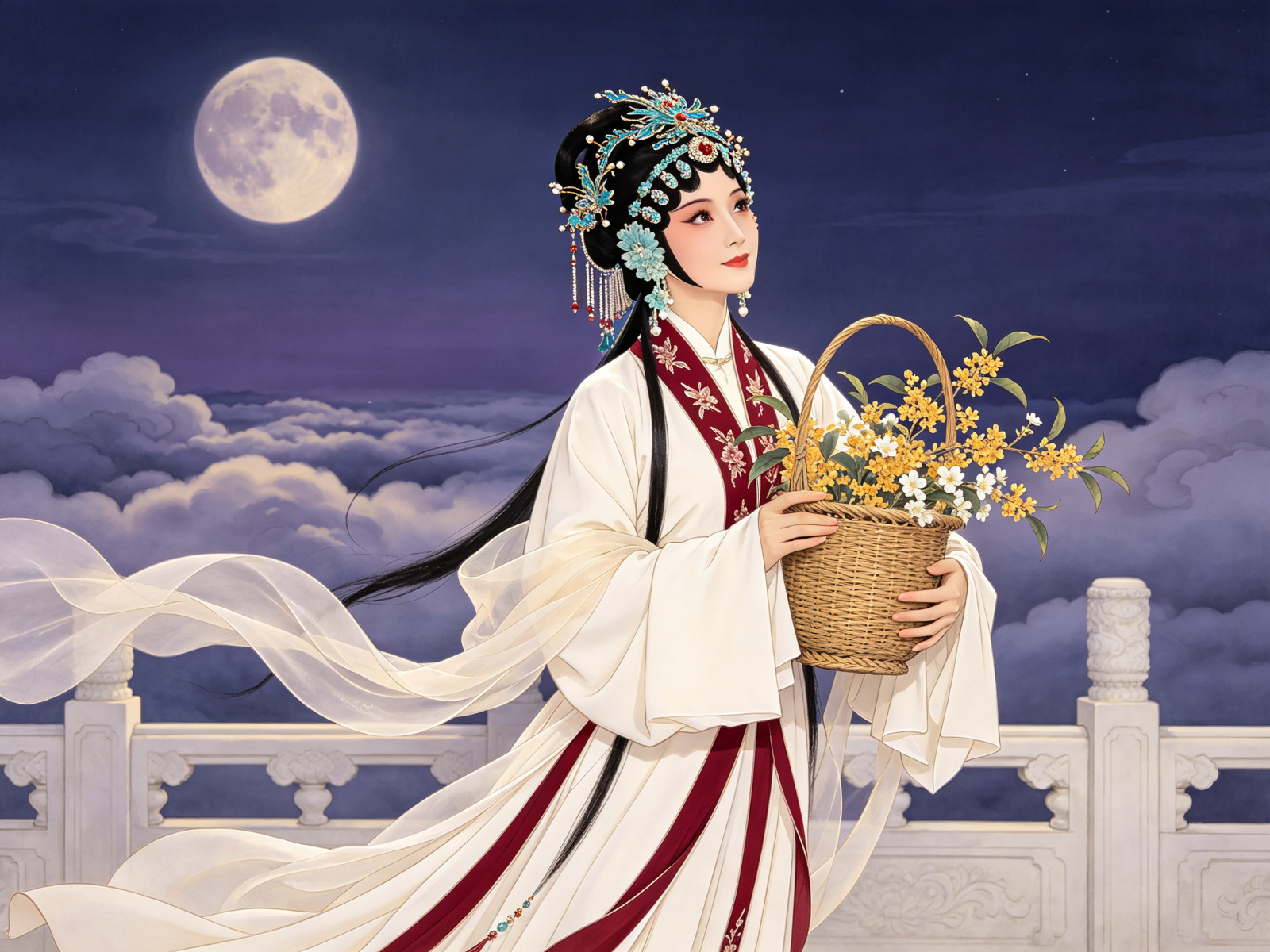 京剧《嫦娥奔月》梅派青衣嫦娥古装扮相，头戴珠翠发髻，身穿月白深红镶边霓裳长裙，怀抱花篮，广寒宫月下载歌载舞