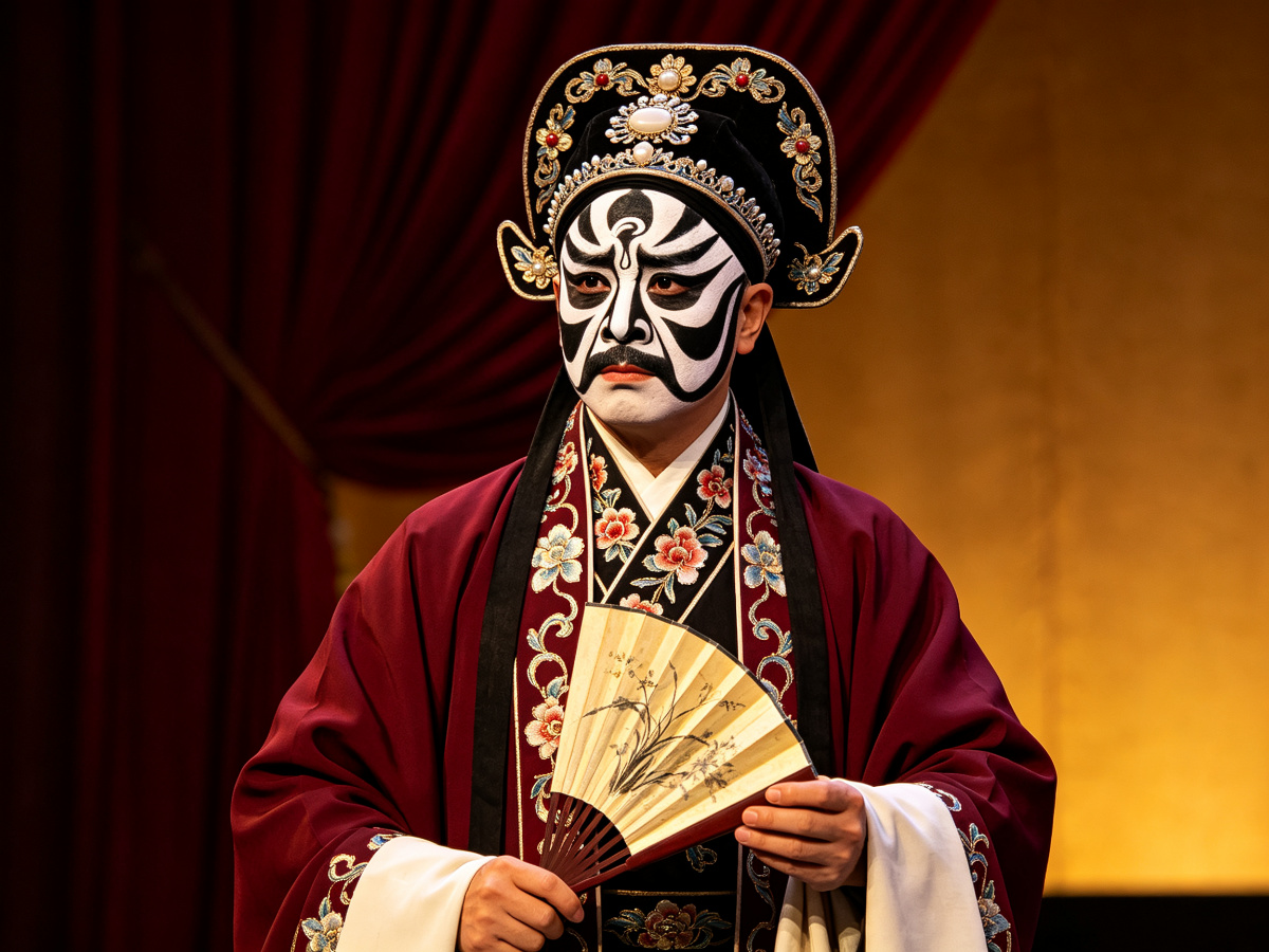 京剧《除三害》净角周处勾黑白整脸脸谱、头戴硬花罗帽、身穿深红花褶子、手持折扇，神情由桀骜转羞愧凝重