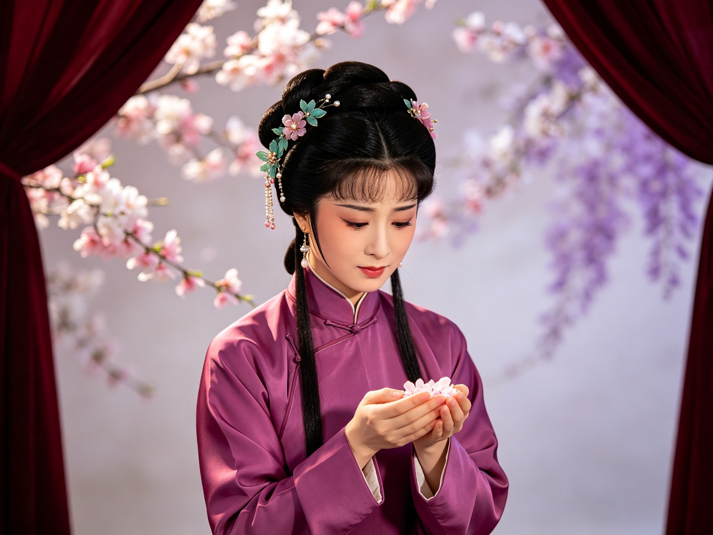 京剧《黛玉葬花》梅派古装青衣林黛玉扮相，头梳品字髻旁缀珠花，身穿玫瑰紫软绸小袄，双手捧落花眉目含愁